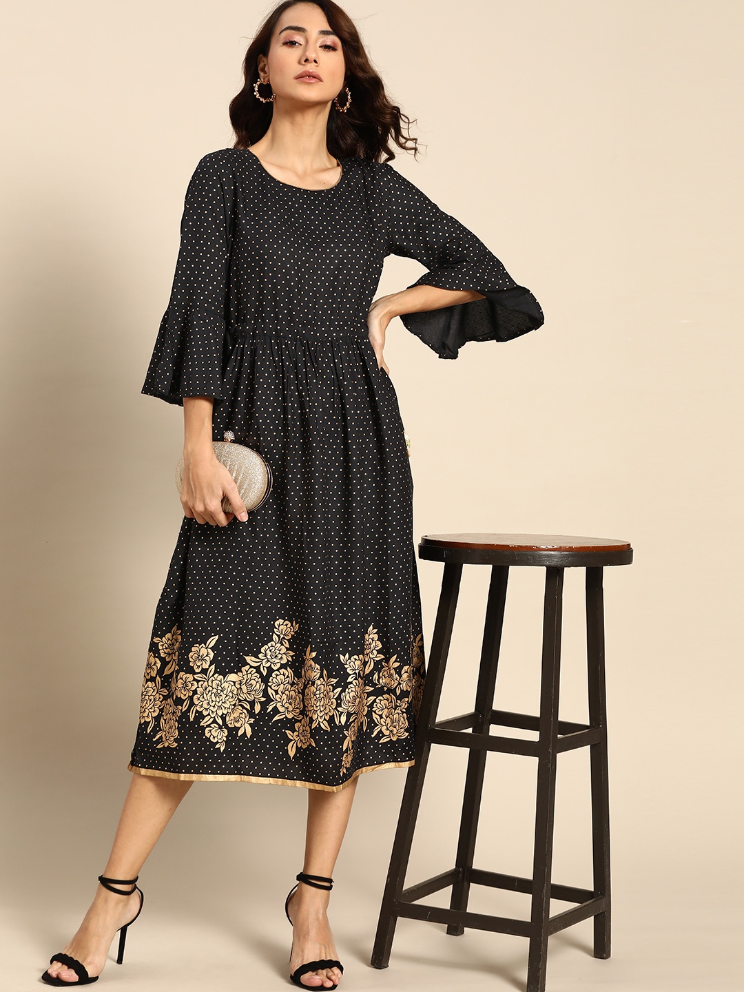 

all about you Black & Golden Polka Dots Printed A-Line Mini Dress