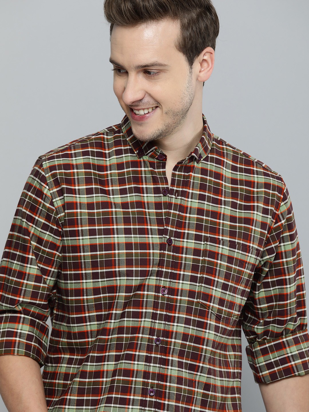 

Mast & Harbour Men Brown And Grey Checked Regular Fit Pure Cotton Casual Shirt
