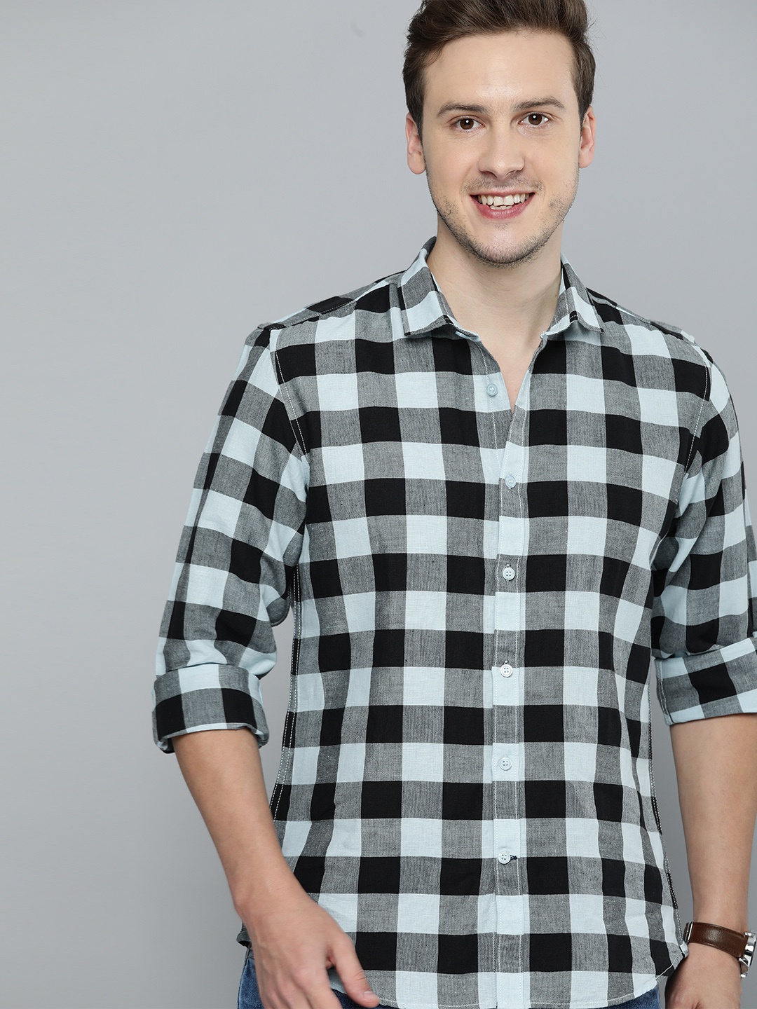 

Mast & Harbour Men Blue & Black Slim Fit Buffalo Checks Opaque Cotton Linen Casual Shirt