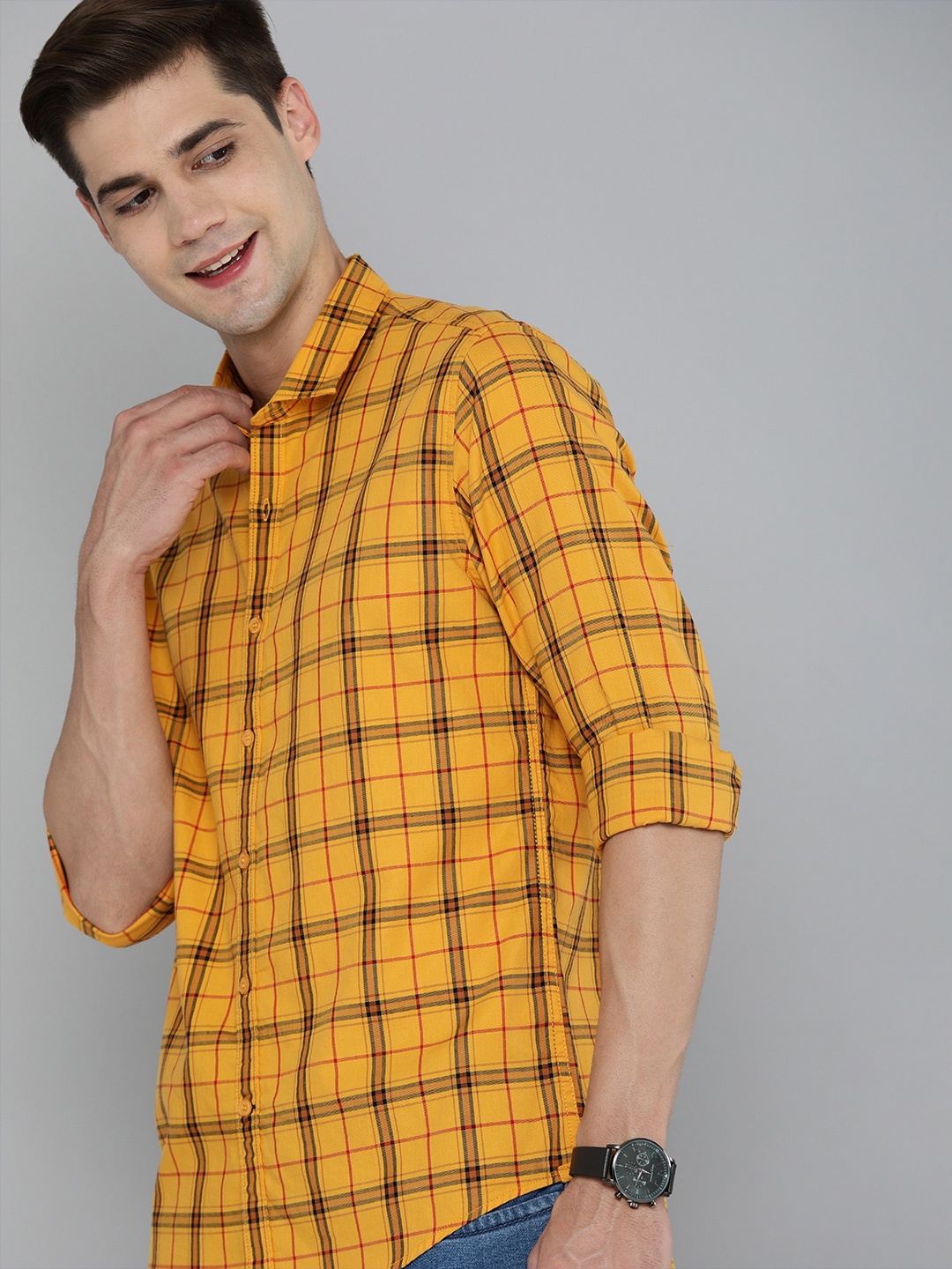 

Mast & Harbour Men Mustard Yellow & Green Checked Pure Cotton Casual Shirt
