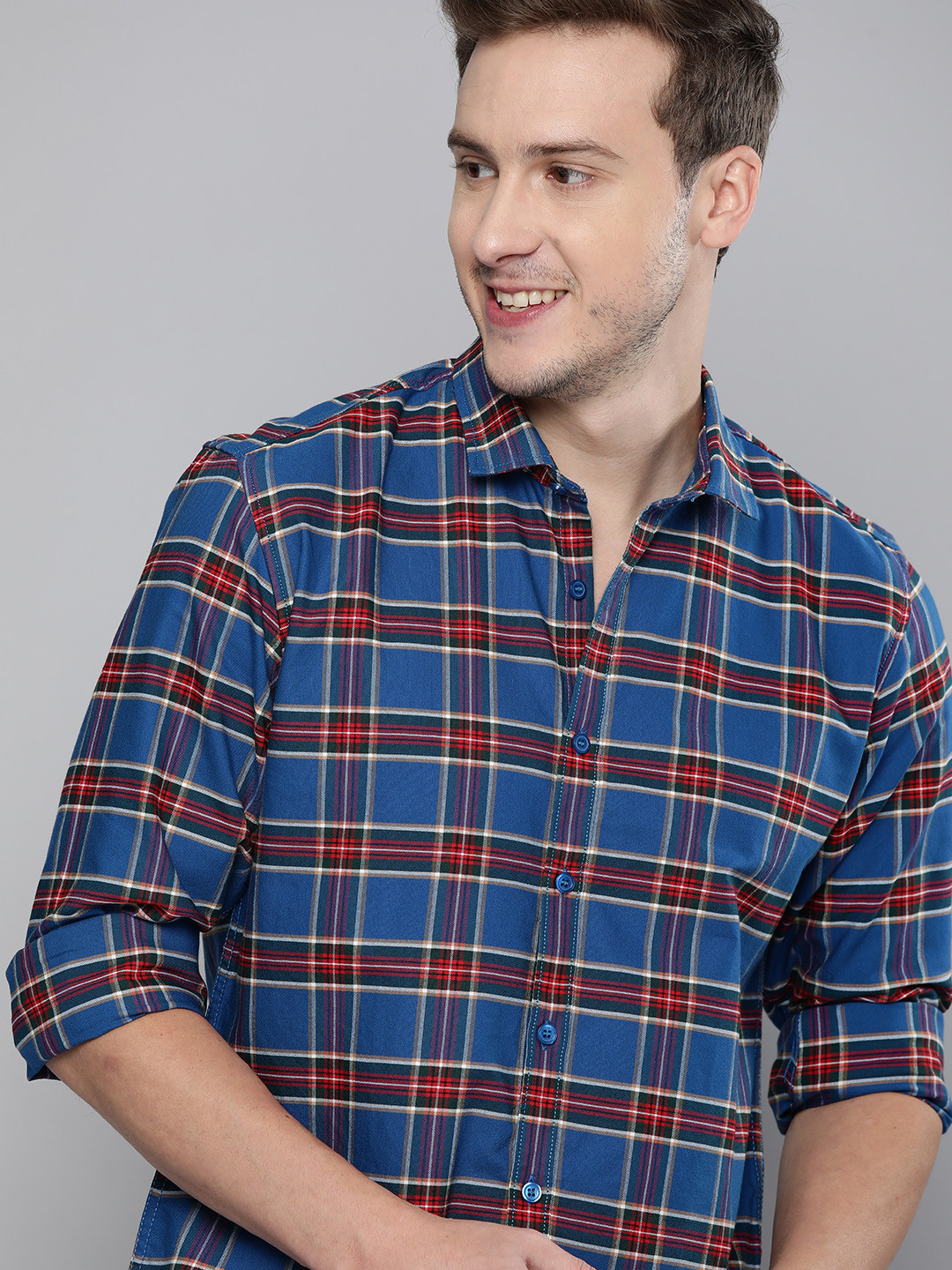 

Mast & Harbour Men Blue & Red Slim Fit Tartan Checked Opaque Casual Shirt