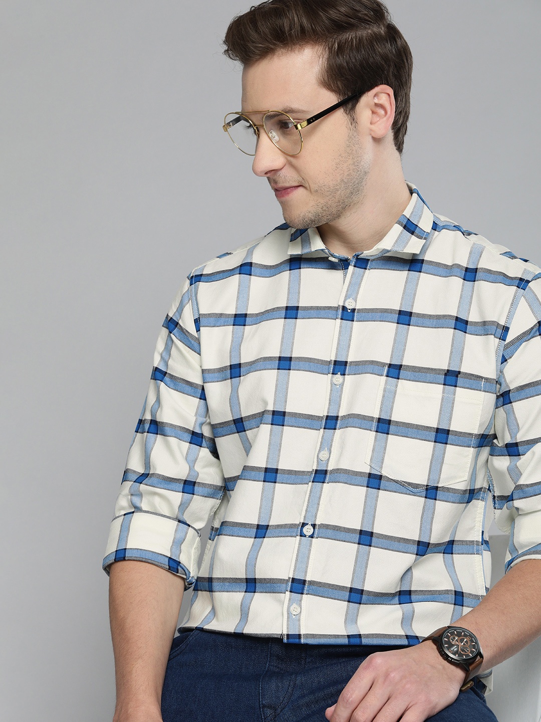 

Mast & Harbour Men Blue And Cream Tartan Checked Cotton Casual Shirt