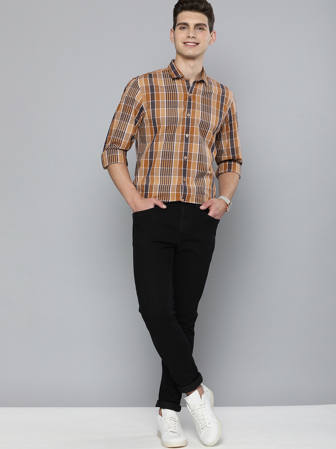 

Mast & Harbour Men Rust And Navy Blue Tartan Checked Pure Cotton Casual Shirt