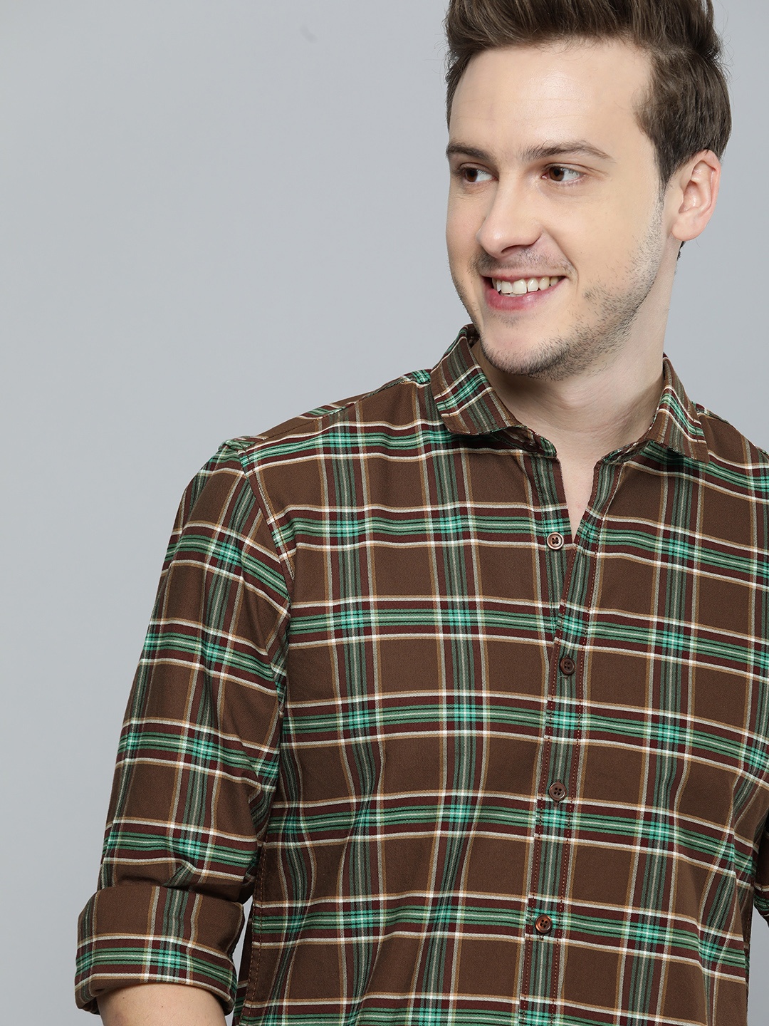 

Mast & Harbour Men Brown & Green Checked Pure Cotton Casual Shirt