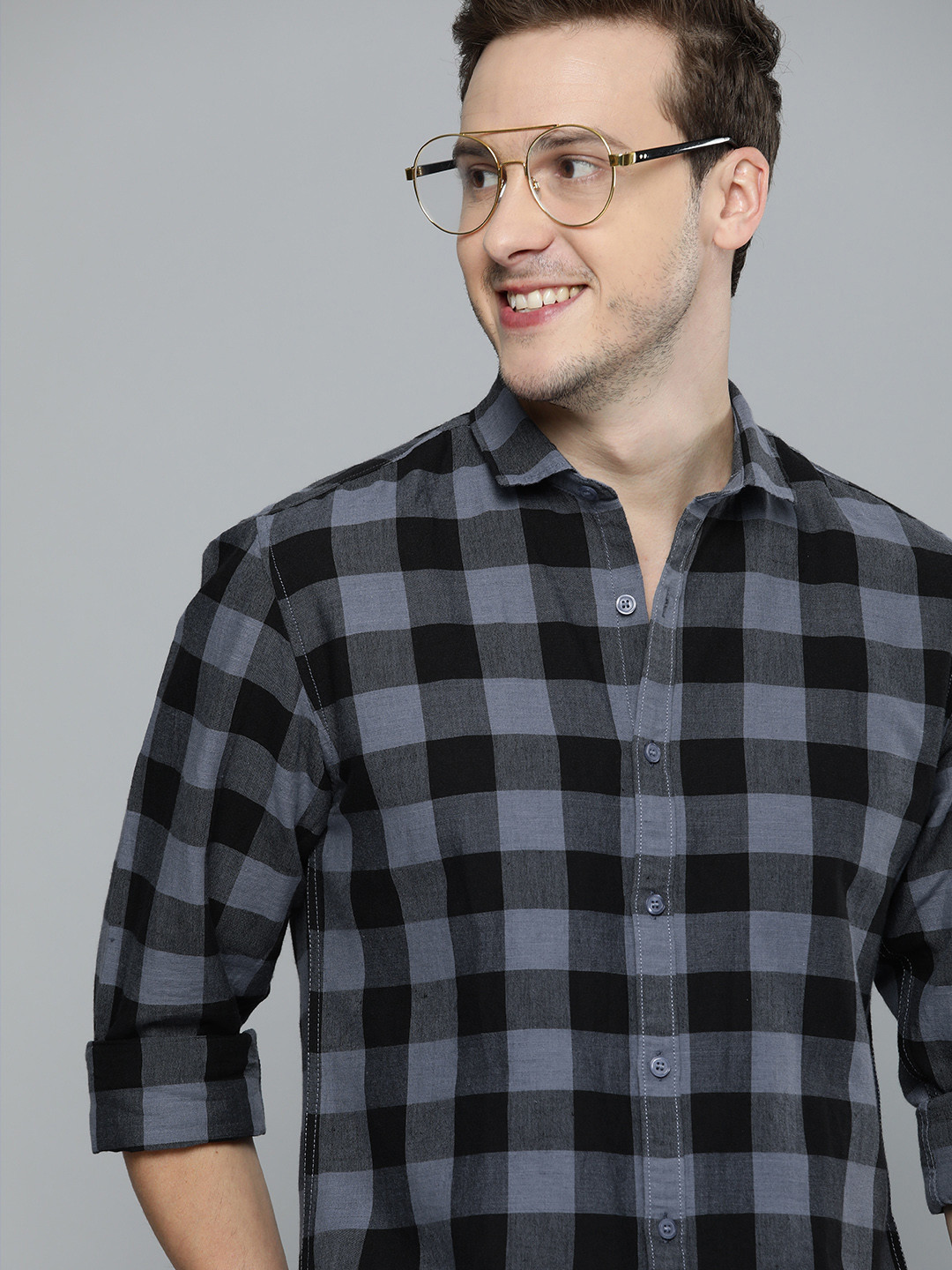 

Mast & Harbour Men Grey & Black Slim Fit Buffalo Checks Opaque Cotton Linen Casual Shirt