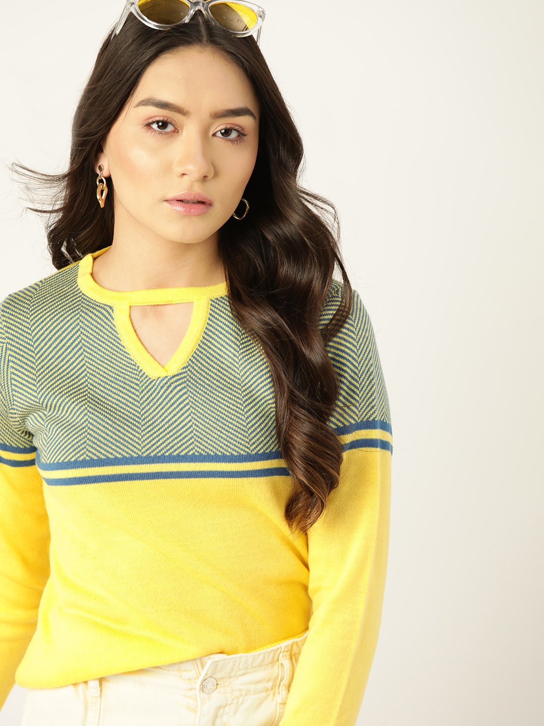 

DressBerry Women Yellow & Teal Green Striped Pullover
