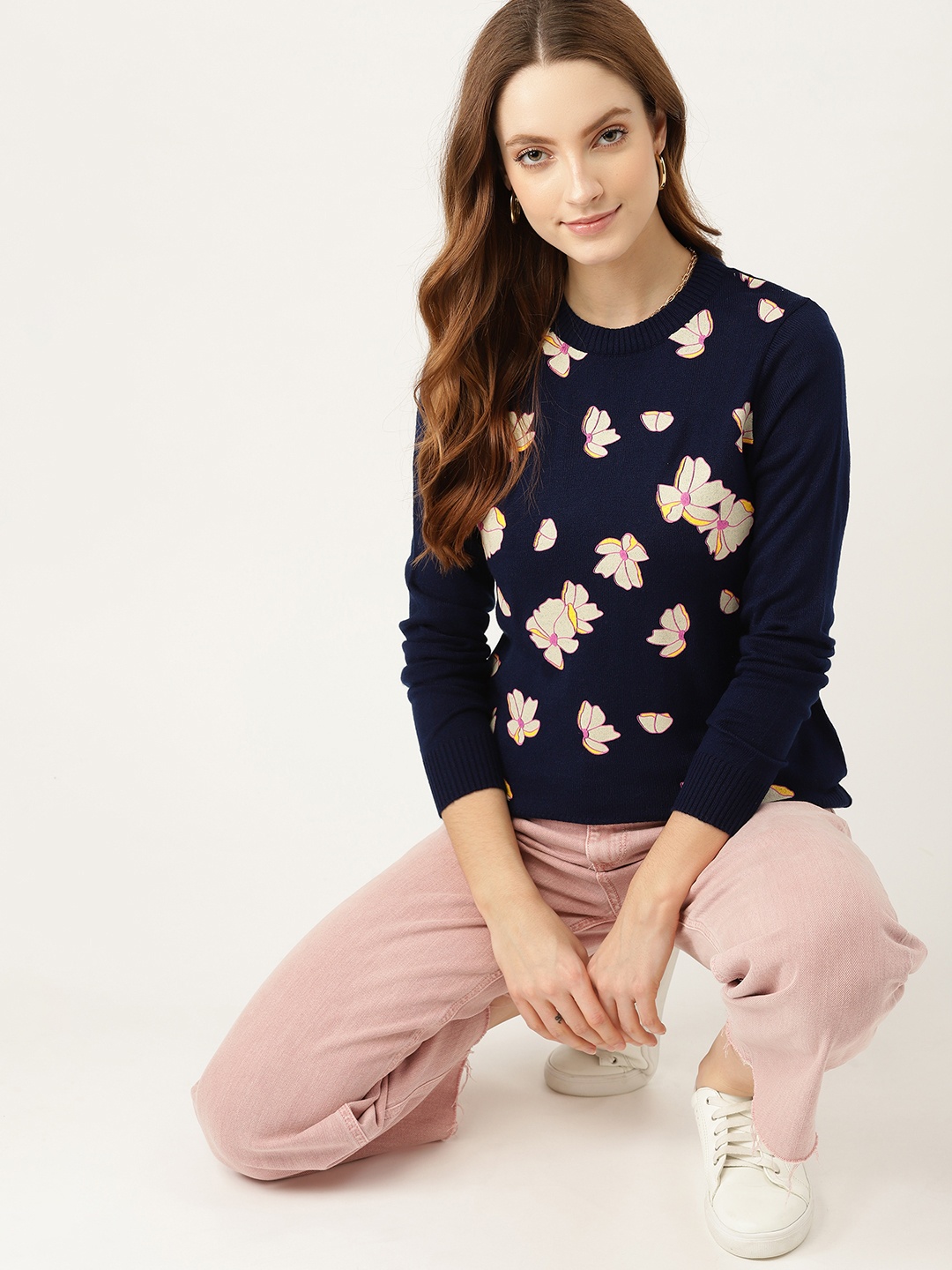 

DressBerry Women Navy Blue & White Floral Print Acrylic Pullover