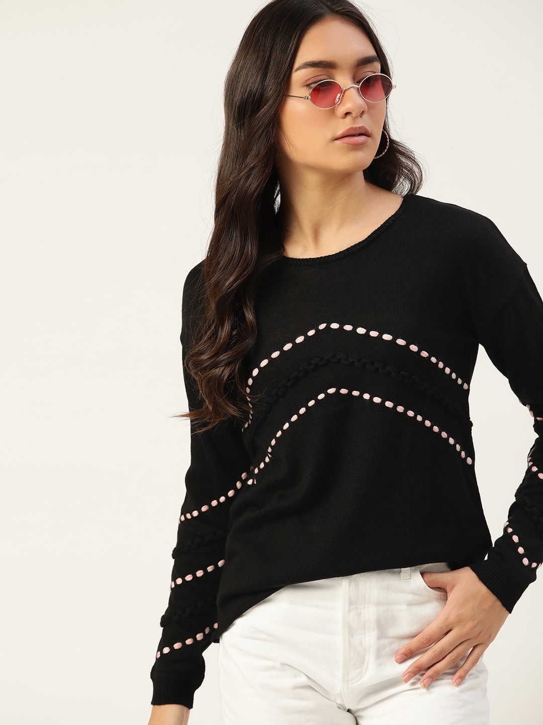 

DressBerry Women Black Embroidered Detail Pullover