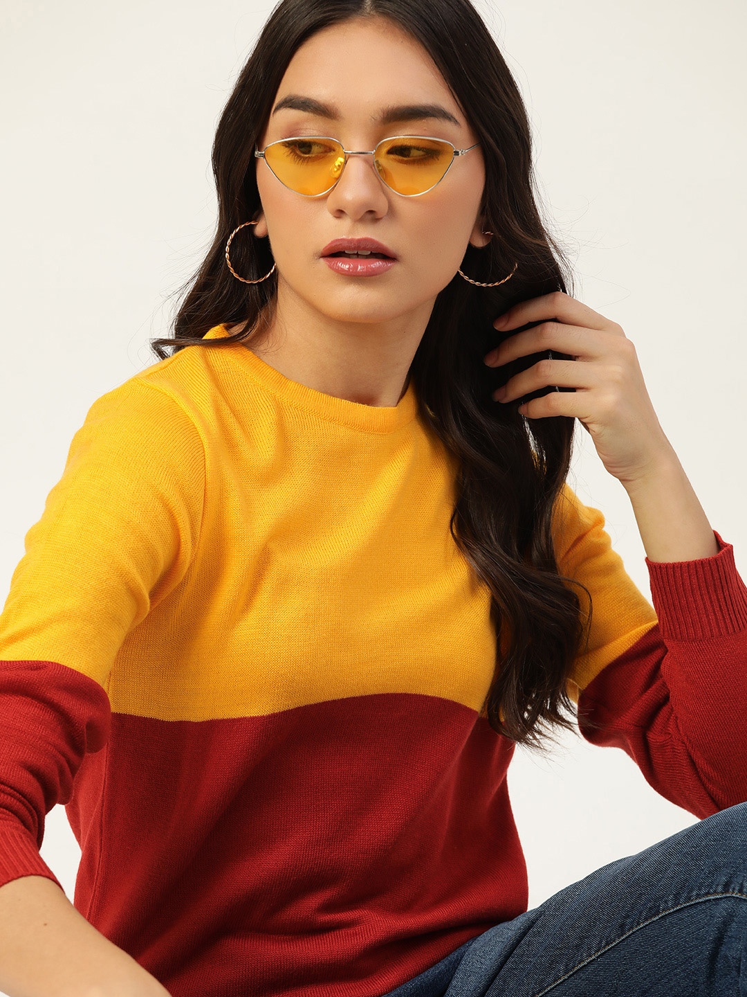 

DressBerry Women Yellow & Maroon Colourblocked Pullover