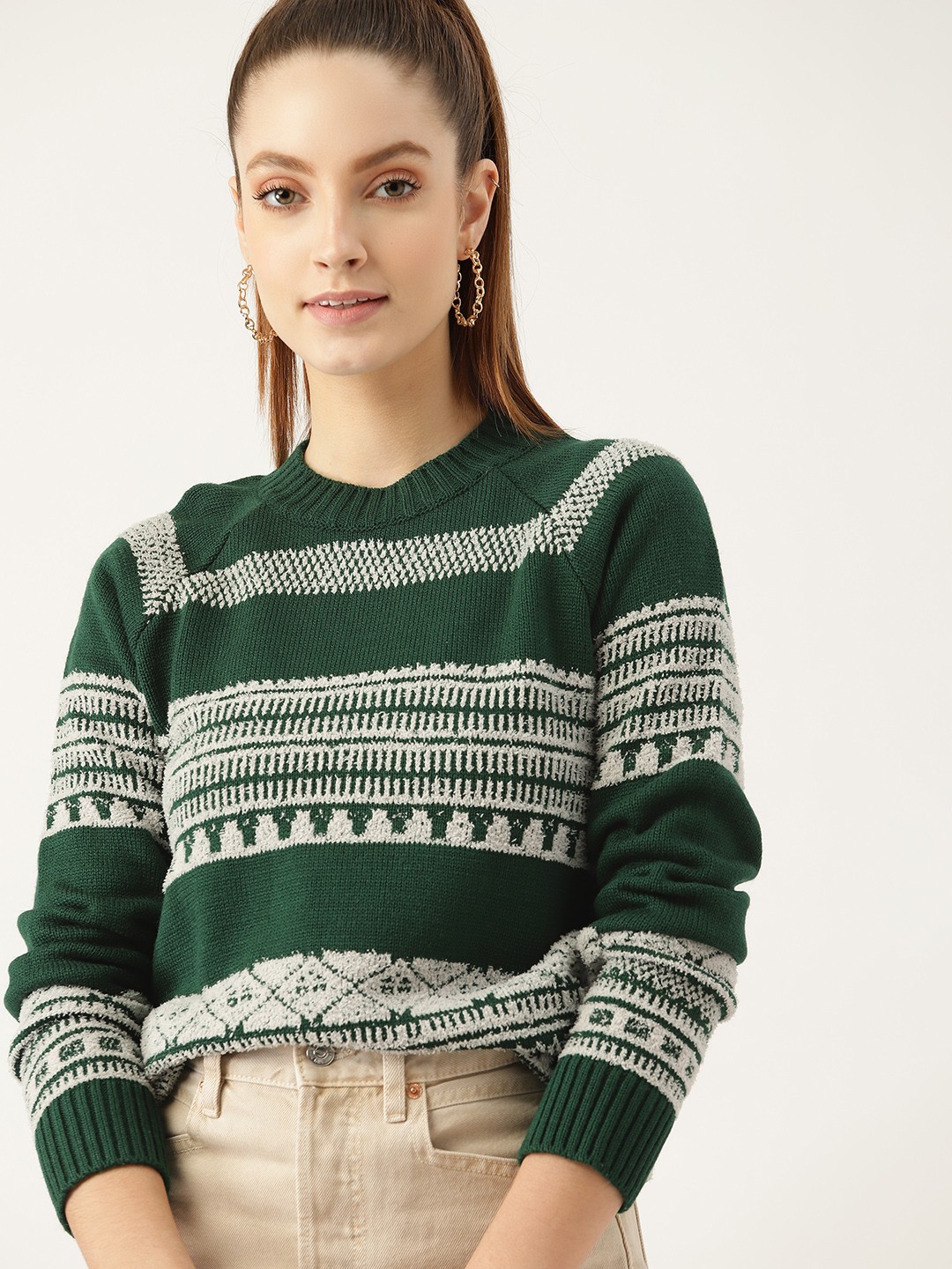 

DressBerry Women Green & White Striped Pullover