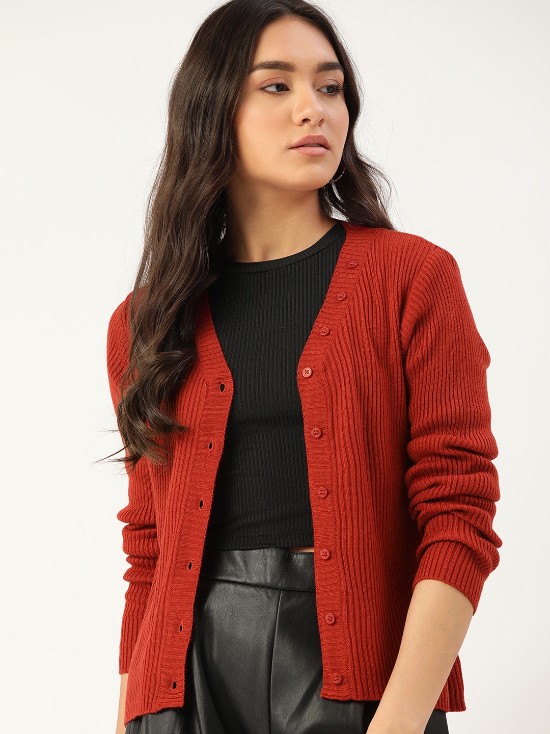 

DressBerry Women Red Self-Striped Cardigan