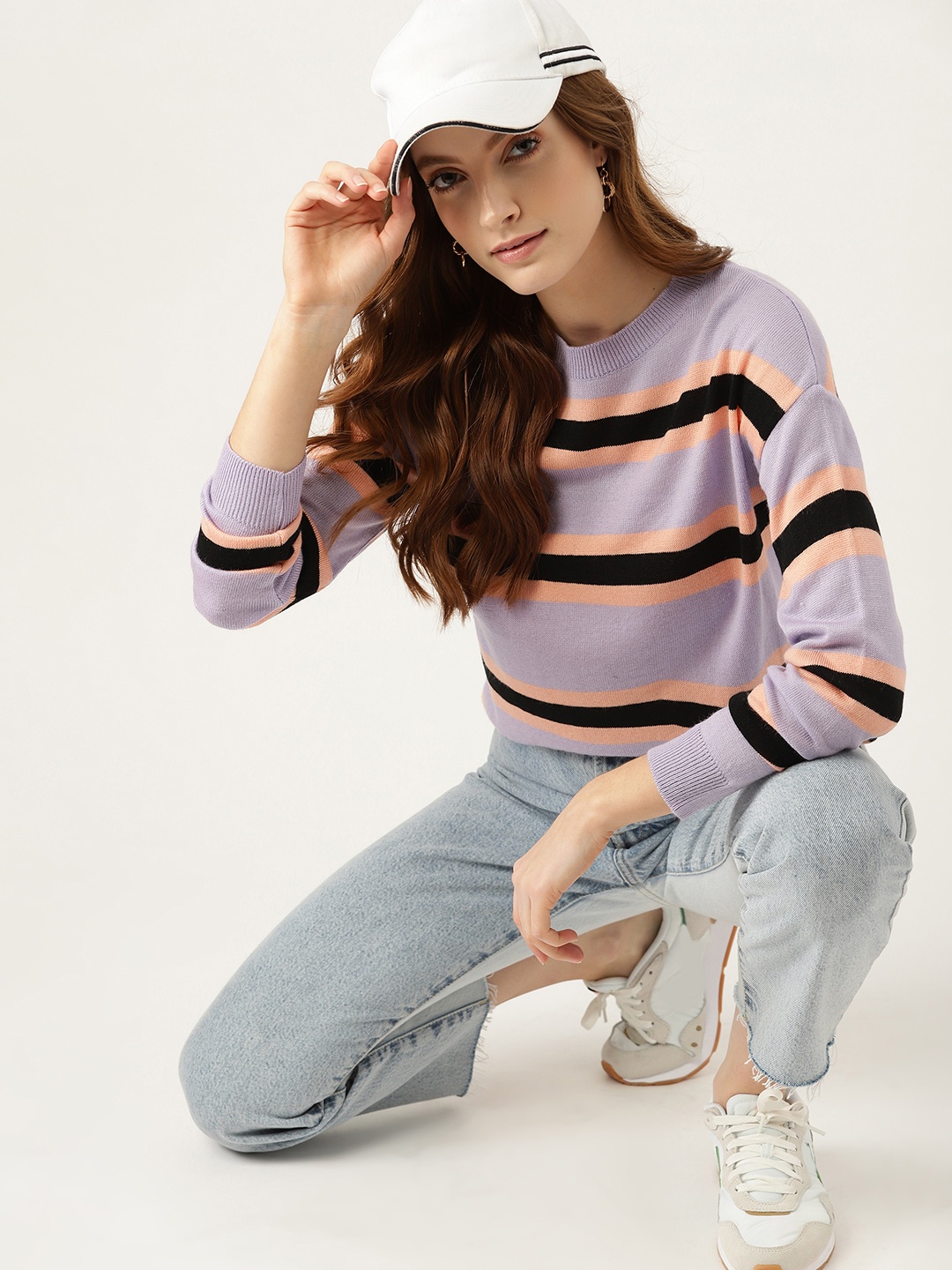 

DressBerry Women Lavender & Black Striped Pullover
