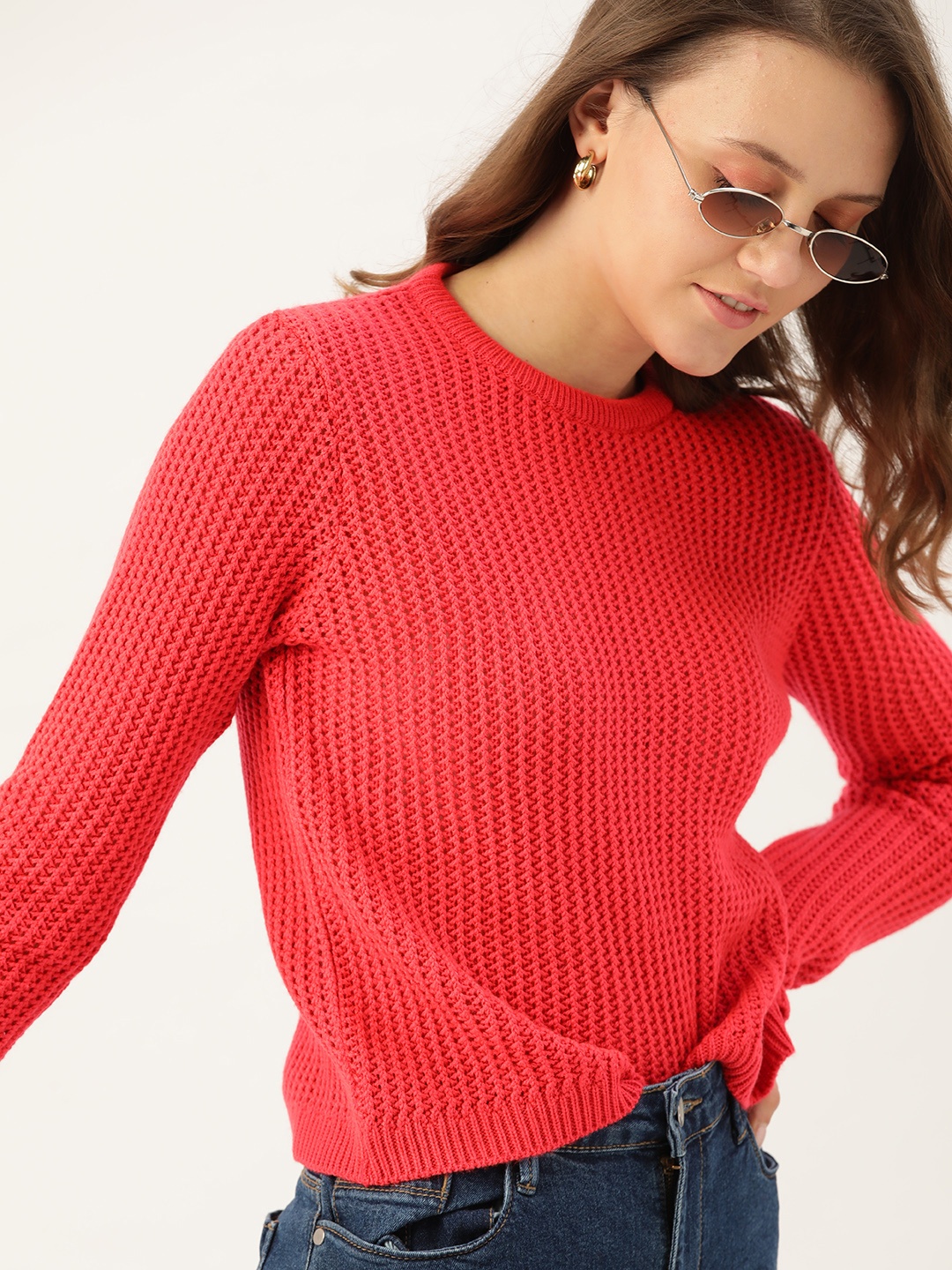 

DressBerry Women Coral Red Open Knit Pullover