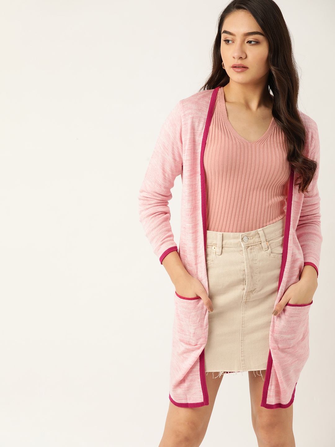 

DressBerry Women Pink Melange Effect Longline Front-Open