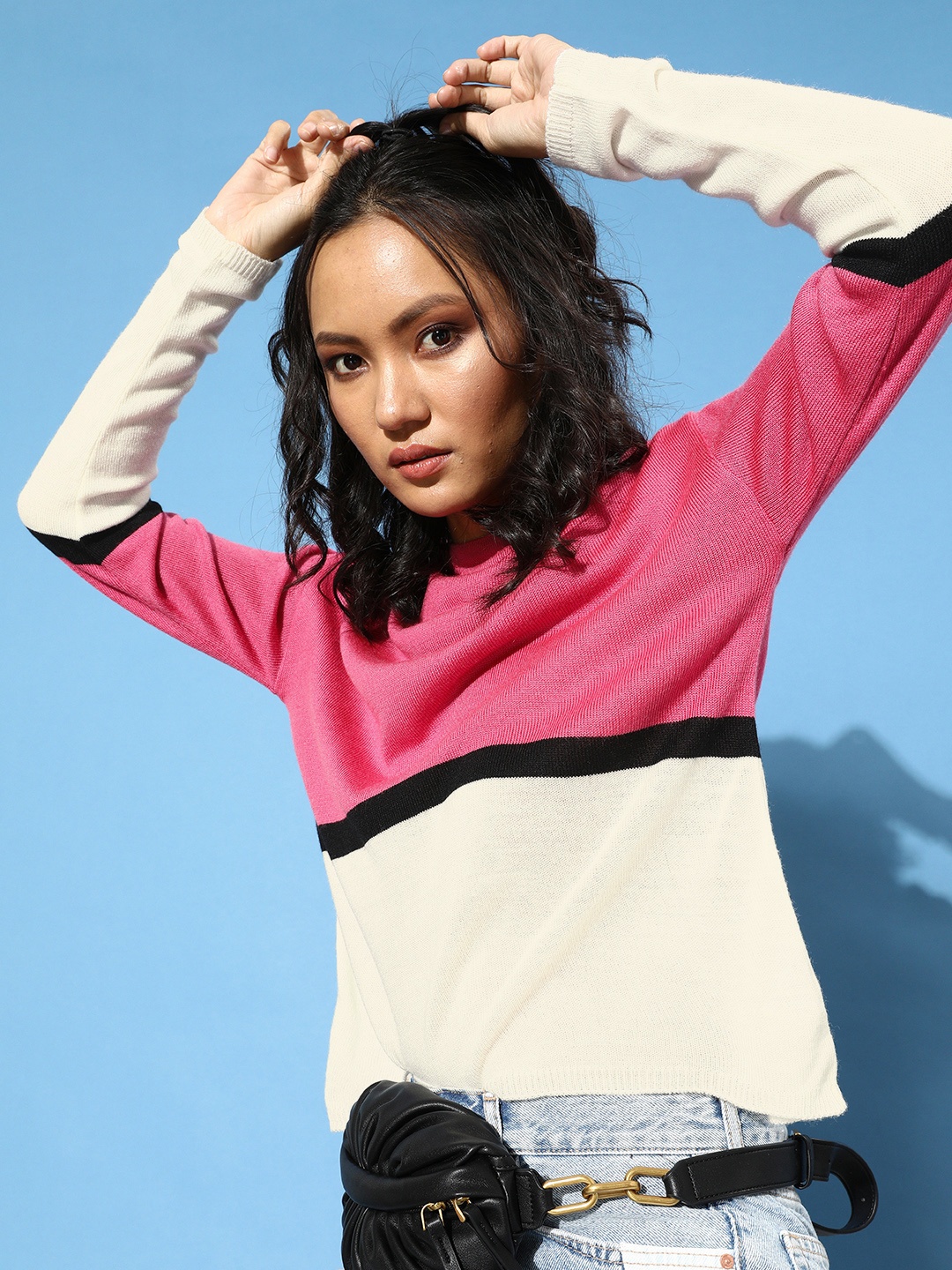 

DressBerry Women Pink Colourblocked Knitted Sweater