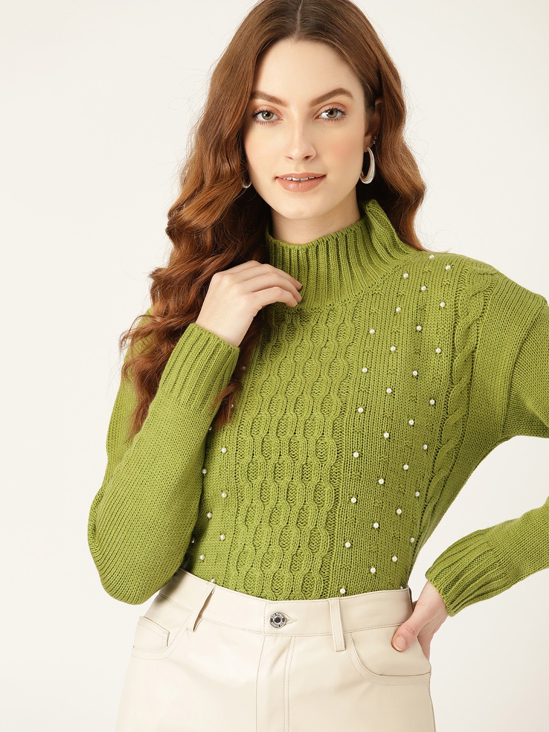 

DressBerry Women Green Beaded Cable Knit Detail Pullover