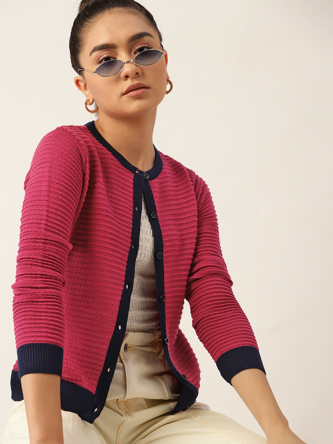 

DressBerry Women Pink Self-Striped Cardigan