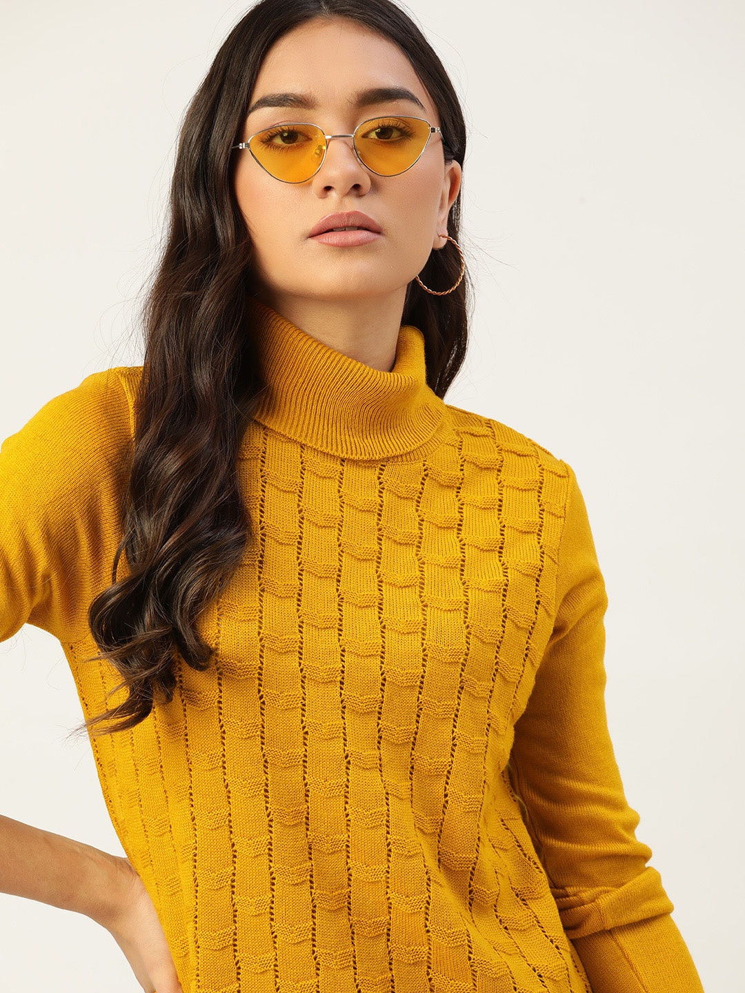

DressBerry Women Mustard Yellow Self-Design Pullover