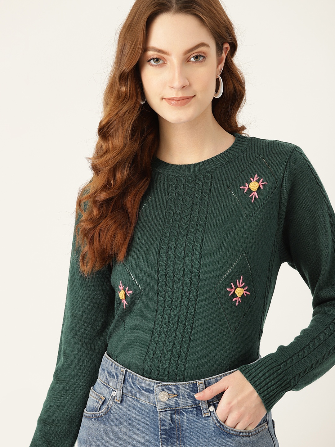 

DressBerry Women Green & Pink Floral Embroidered Pullover