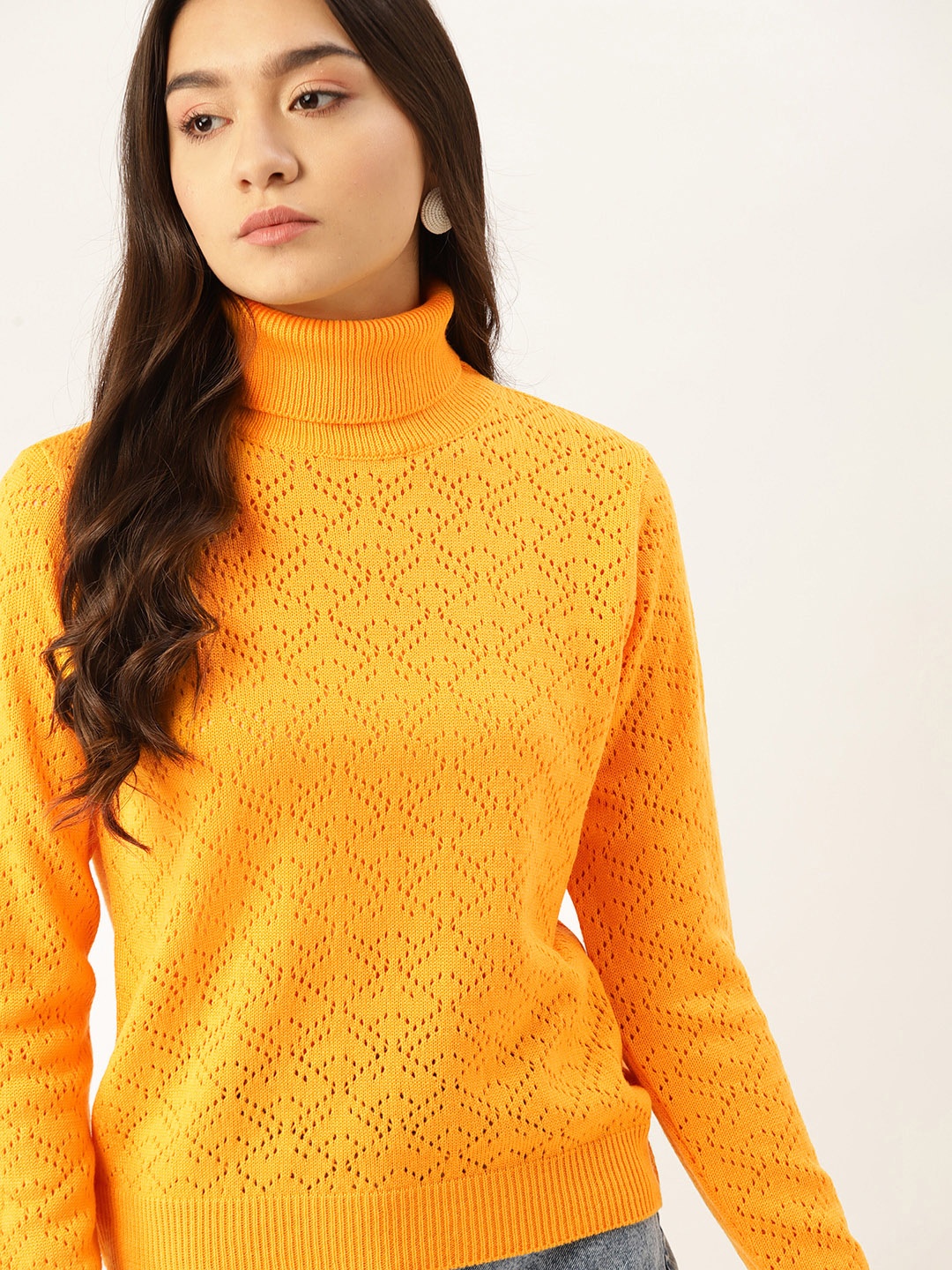 

DressBerry Women Yellow Open-Knit Turtle Neck Pullover