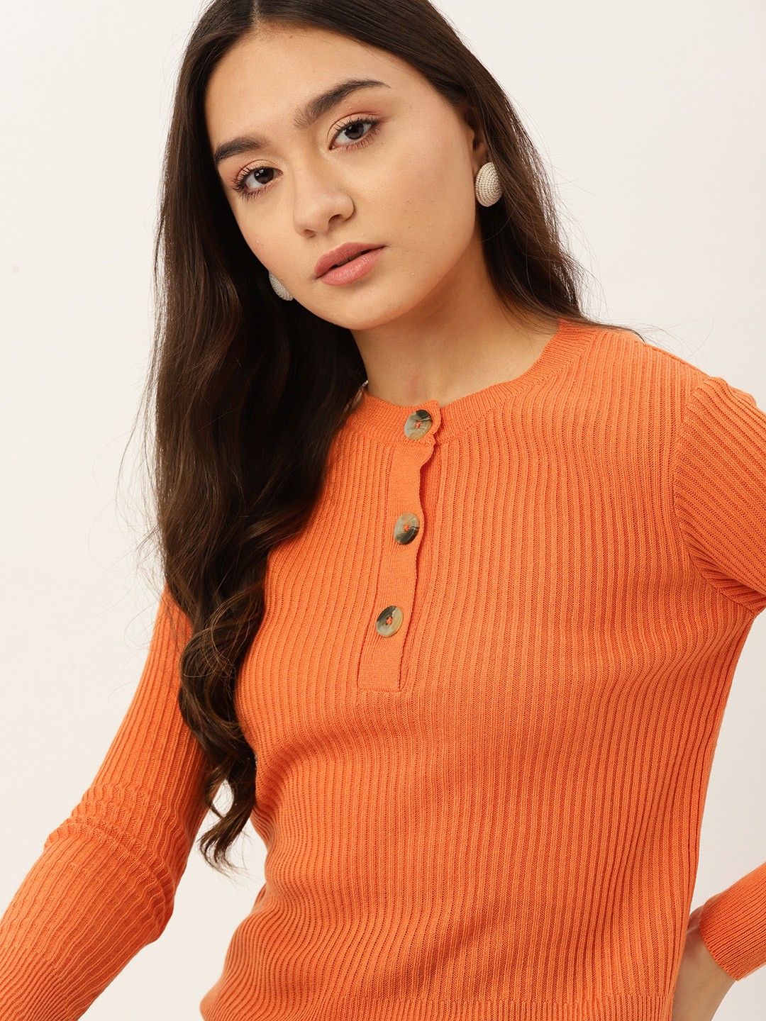 

DressBerry Women Orange Ribbed Pullover