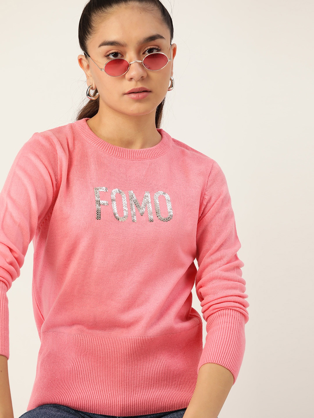 

DressBerry Women Pink & Silver Typography Embellished Pullover
