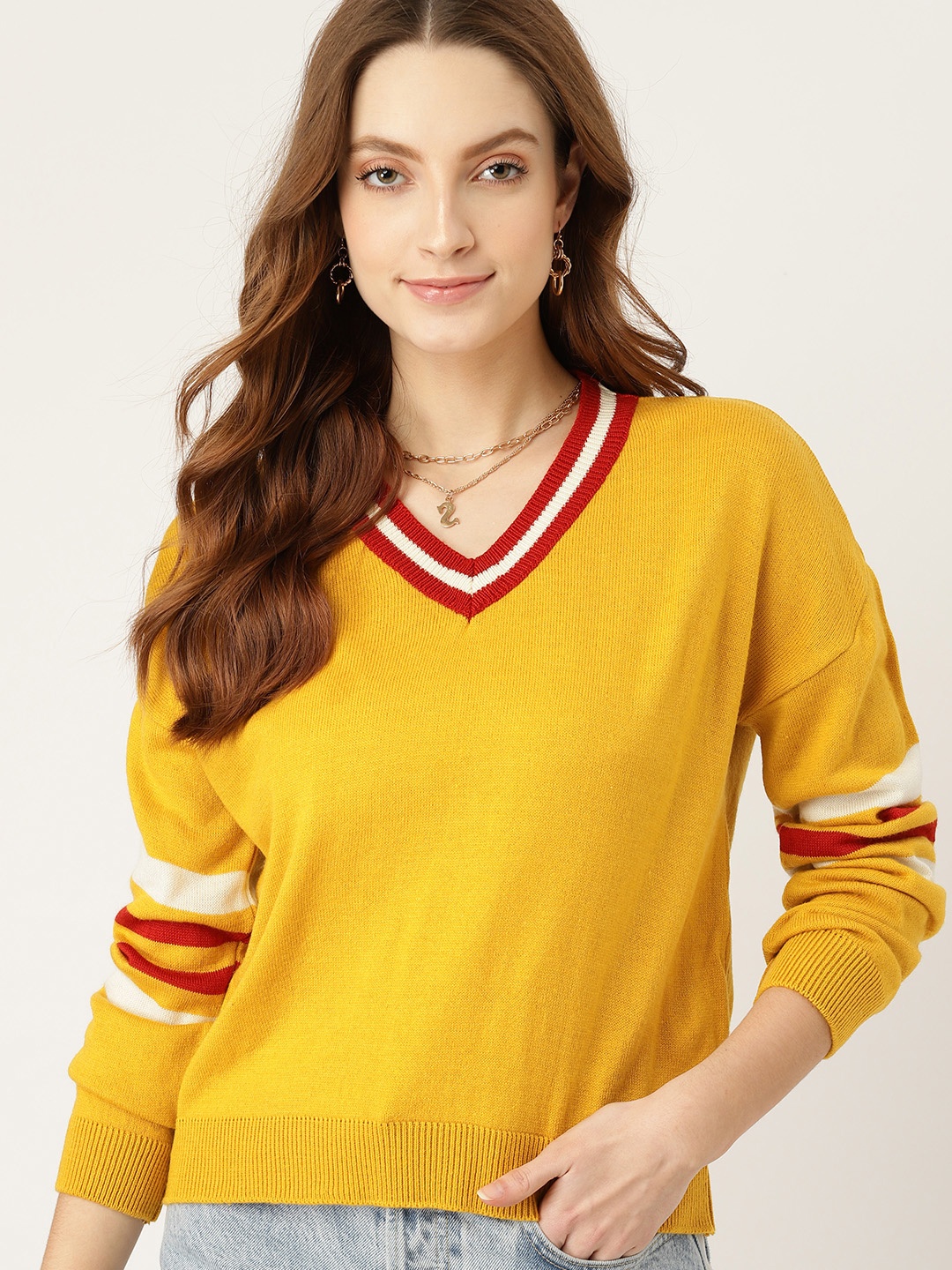 

DressBerry Women Mustard & Red Solid Pullover