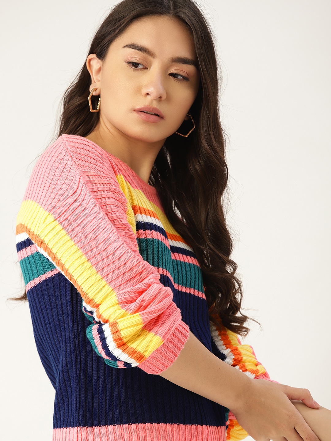 

DressBerry Women Pink & Navy Blue Striped Pullover