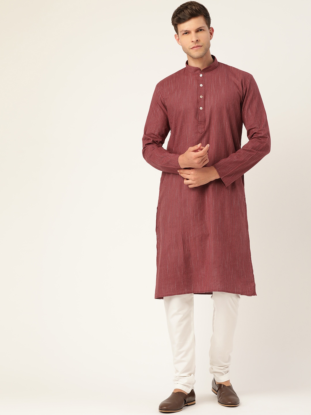 

RAJUBHAI HARGOVINDAS Men Handloom Maroon Striped Pure Cotton Kurta with Churidar