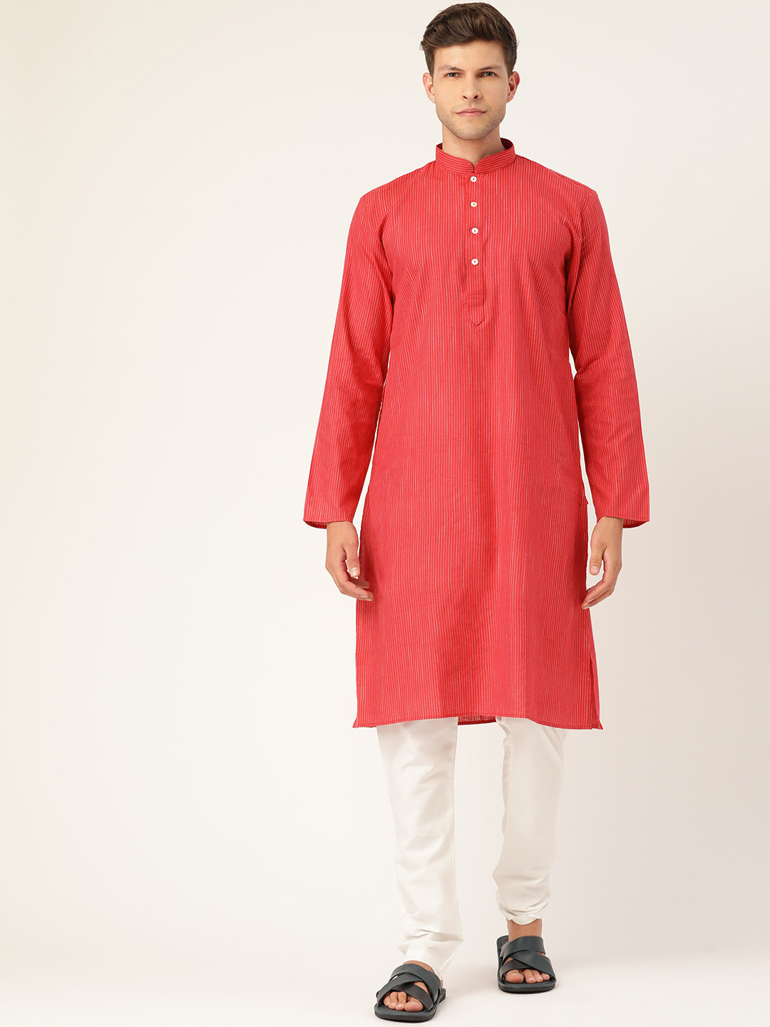

RAJUBHAI HARGOVINDAS Men Handloom Red Striped Pure Cotton Kurta with Churidar