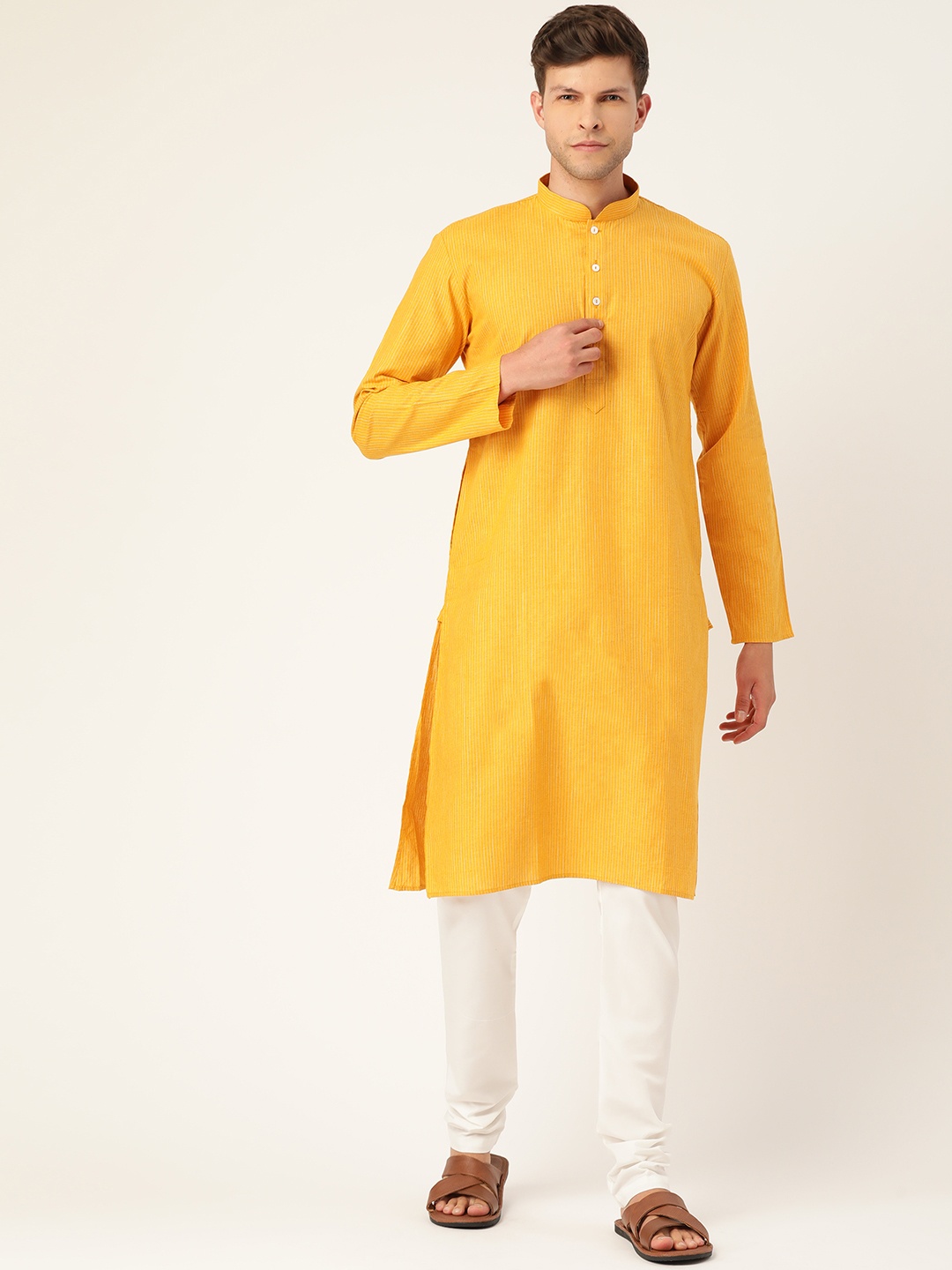 

RAJUBHAI HARGOVINDAS Men Yellow & White Striped Pure Cotton Kurta with Churidar
