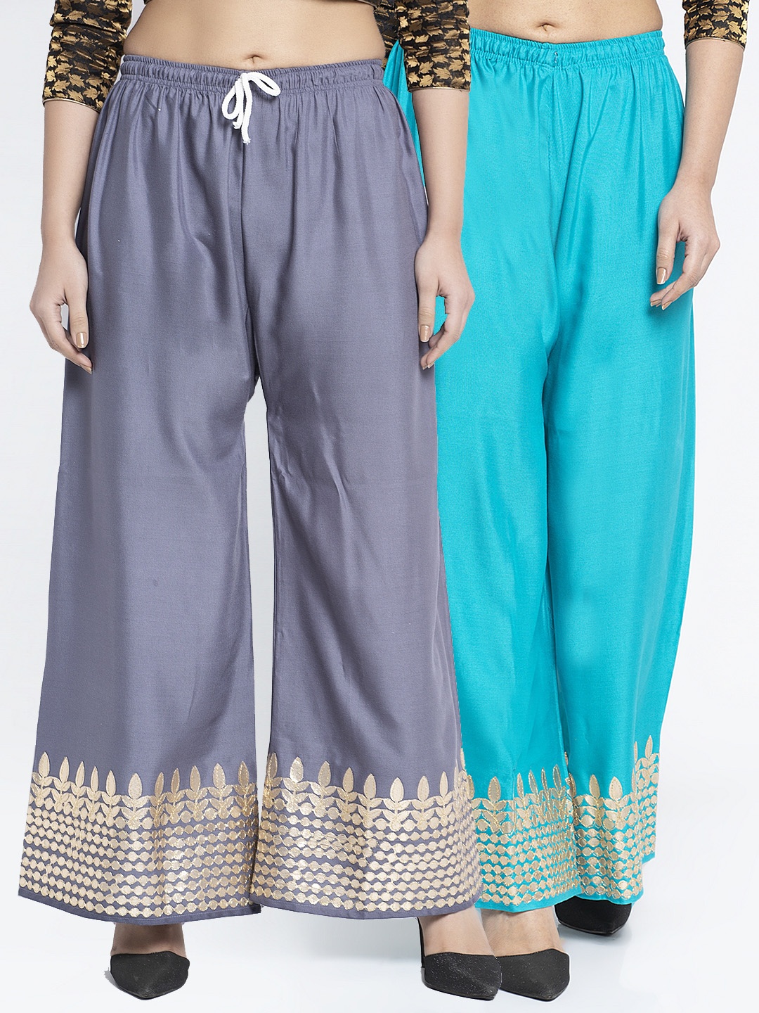 

GRACIT Women Grey & Turquoise Blue 2 Ethnic Motifs Hem Design Knitted Palazzos