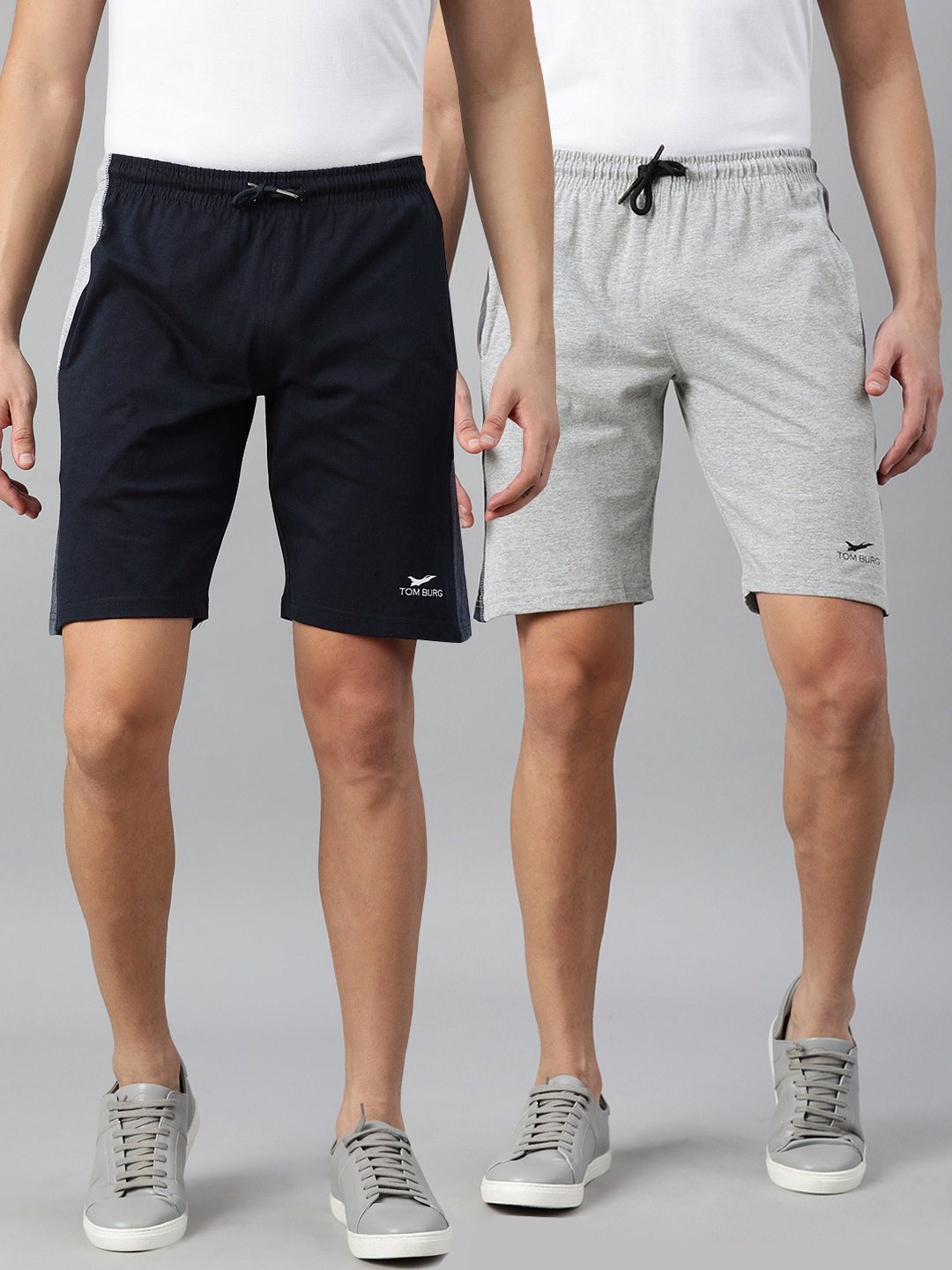 

TOM BURG Men Set Of 2 High-Rise Pure Cotton Regular Shorts, Navy blue