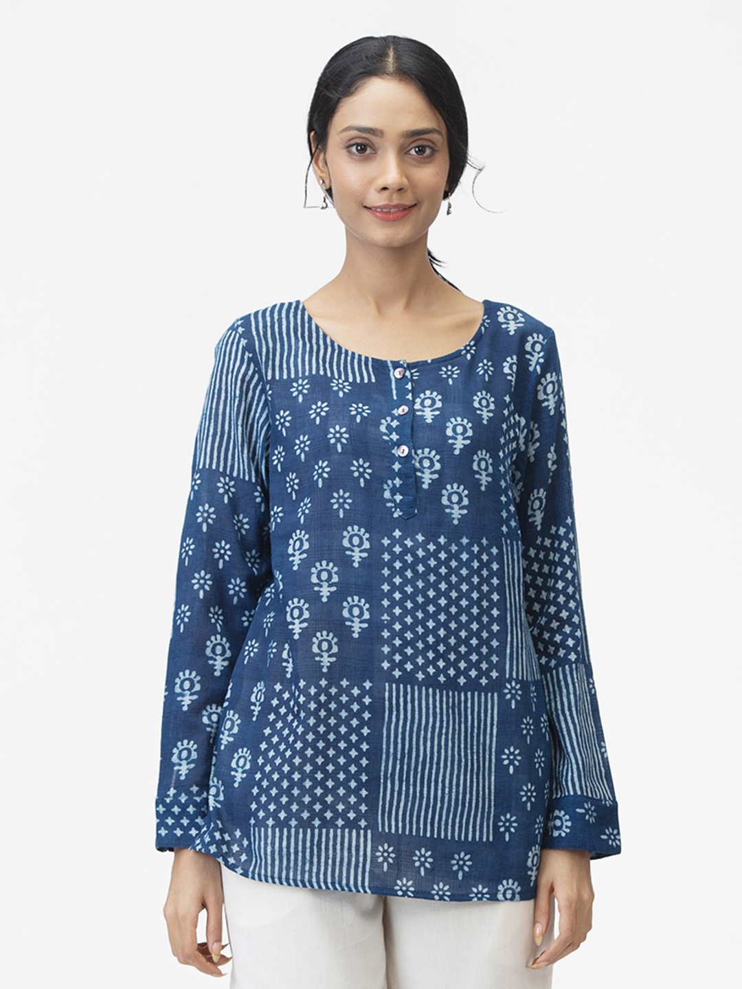 

Fabindia Blue Dabu Hand Block Printed Pure Cotton Kurti