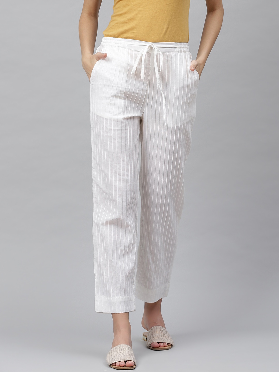 

Fabindia Women White Striped Pure Cotton Cropped Regular Trousers