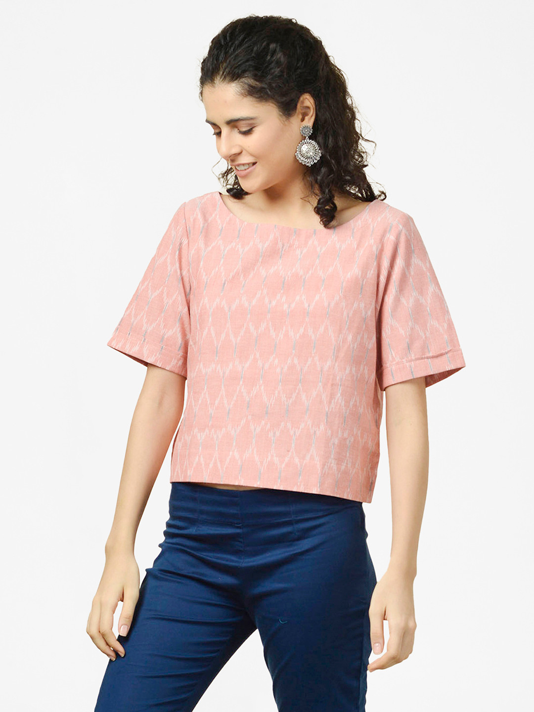 

Fabindia Pink & Off White Pure Cotton Ikat Regular Top