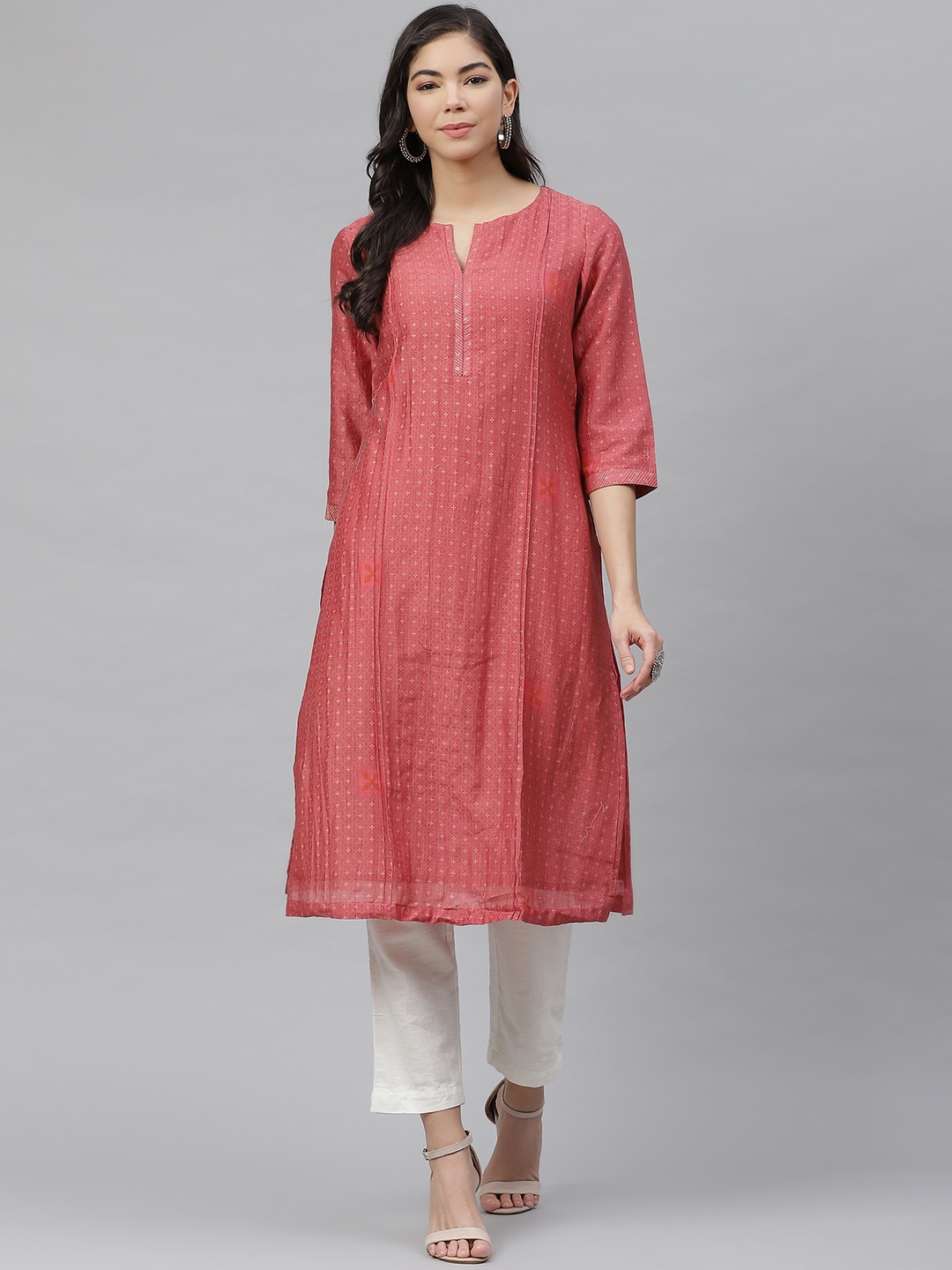 

Fabindia Women Coral Pink & Golden Ethnic Motifs Printed Pleated Straight Kurta