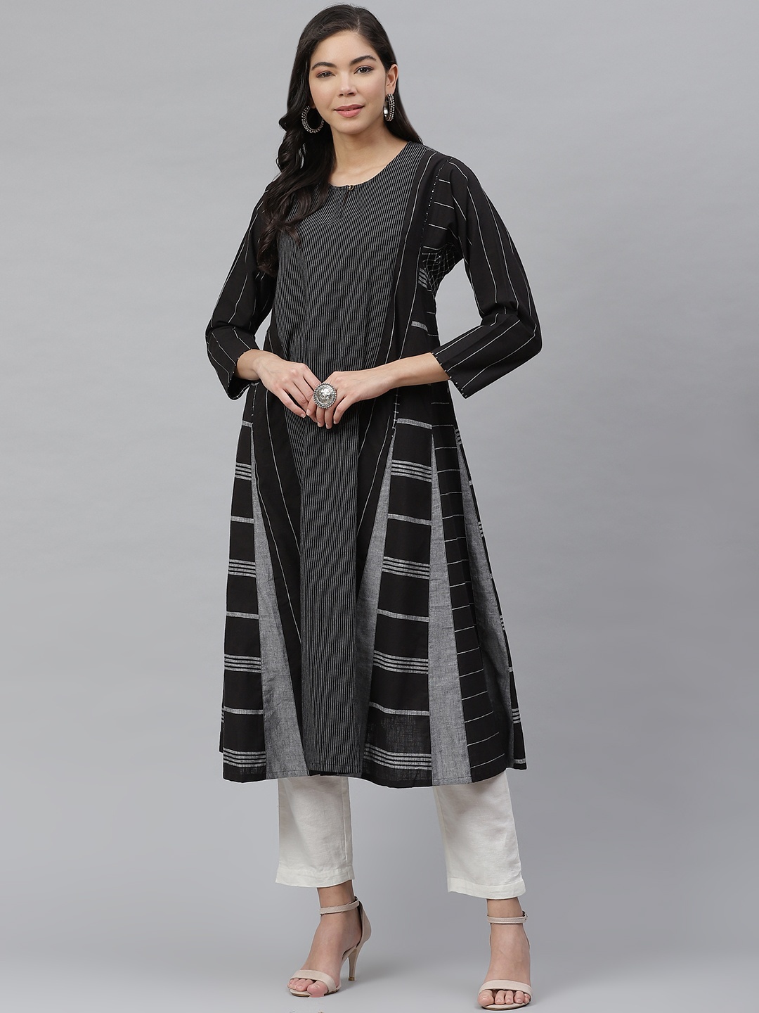 

Fabindia Women Black & Grey Pure Cotton Striped Keyhole Neck Panelled Anarkali Kurta