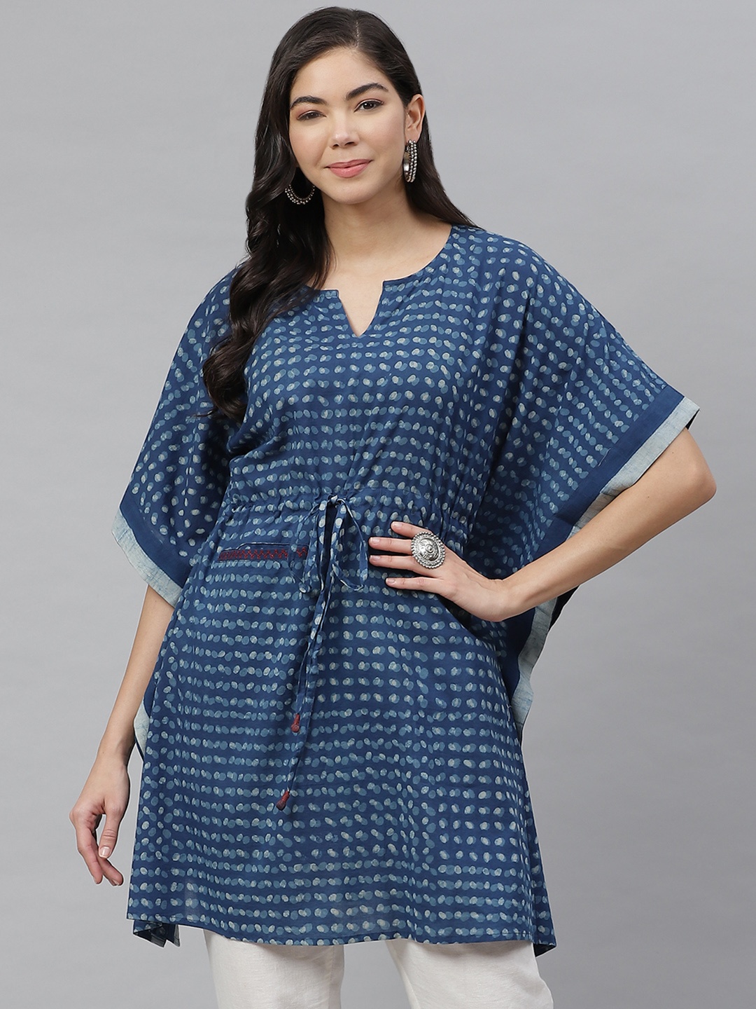 

Fabindia Blue Geometric Hand Block Print Pure Cotton Kaftan Longline Top