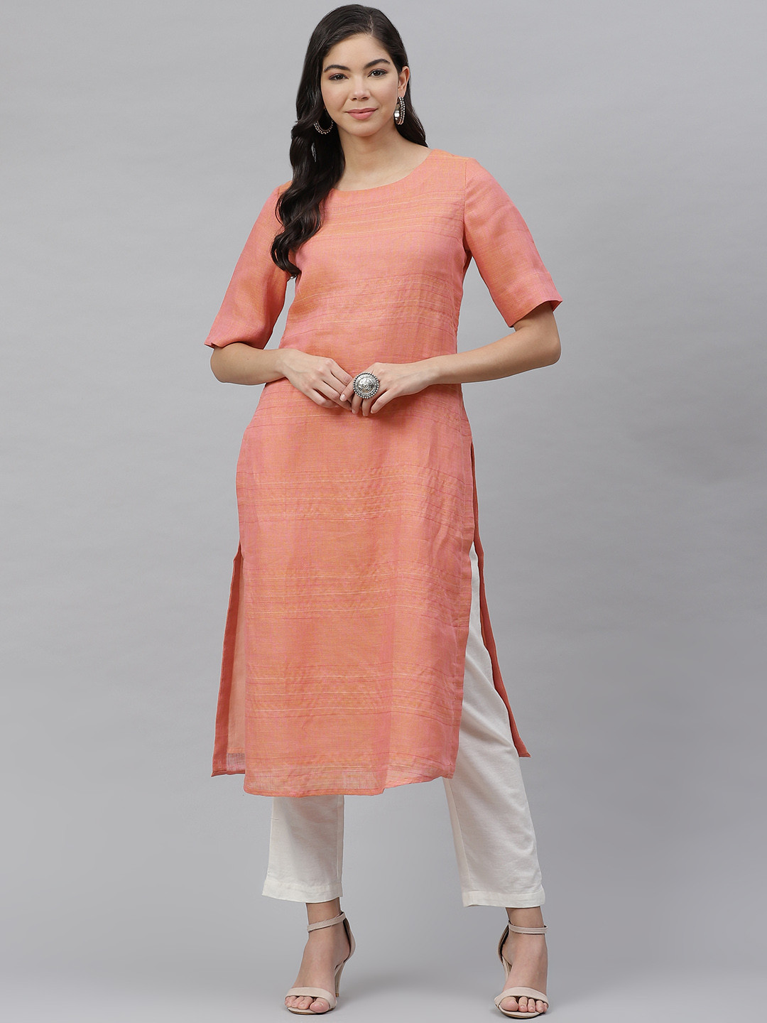 

Fabindia Women Peach Colored Slim Fit Dual Tone Linen Solid Straight Kurta, Pink