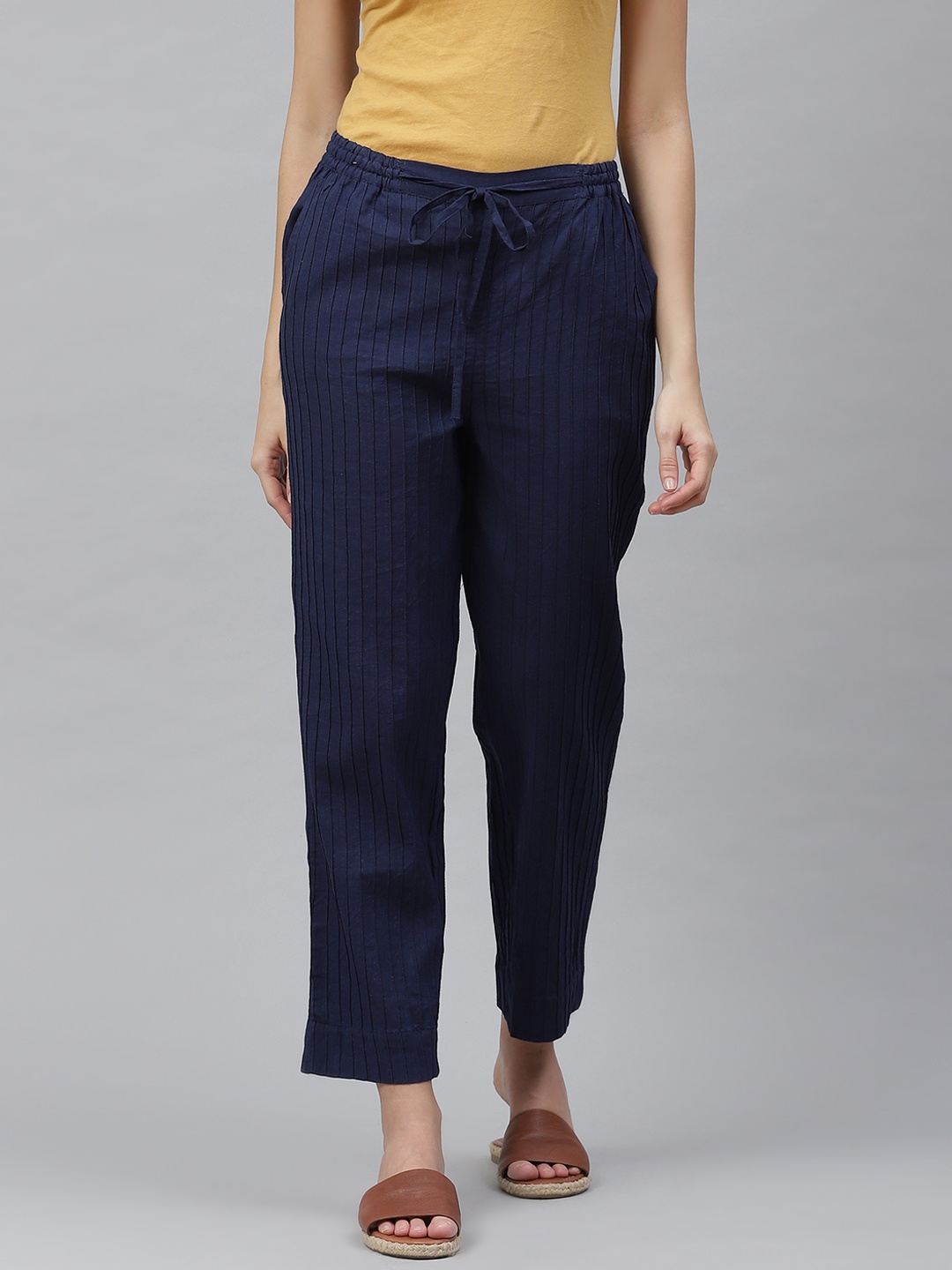 

Fabindia Women Navy Blue Pure Cotton Striped Culottes Trousers