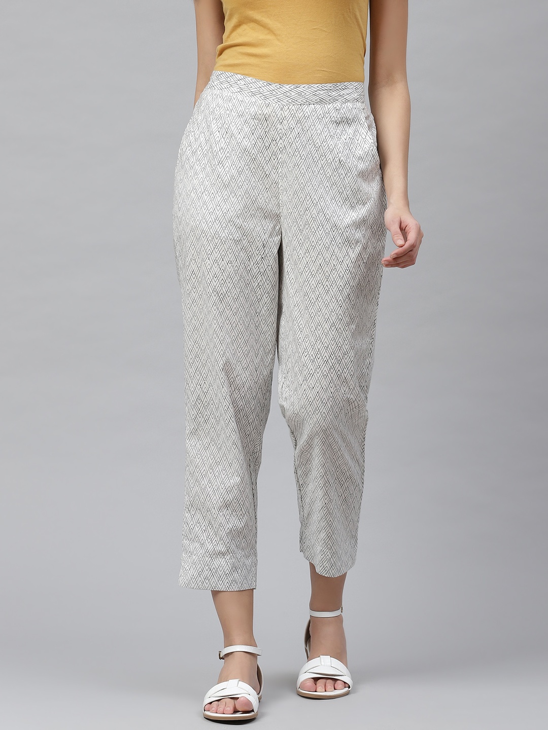 

Fabindia Women White Pure Cotton Printed Tapered Fit Cropped Cigarette Trousers