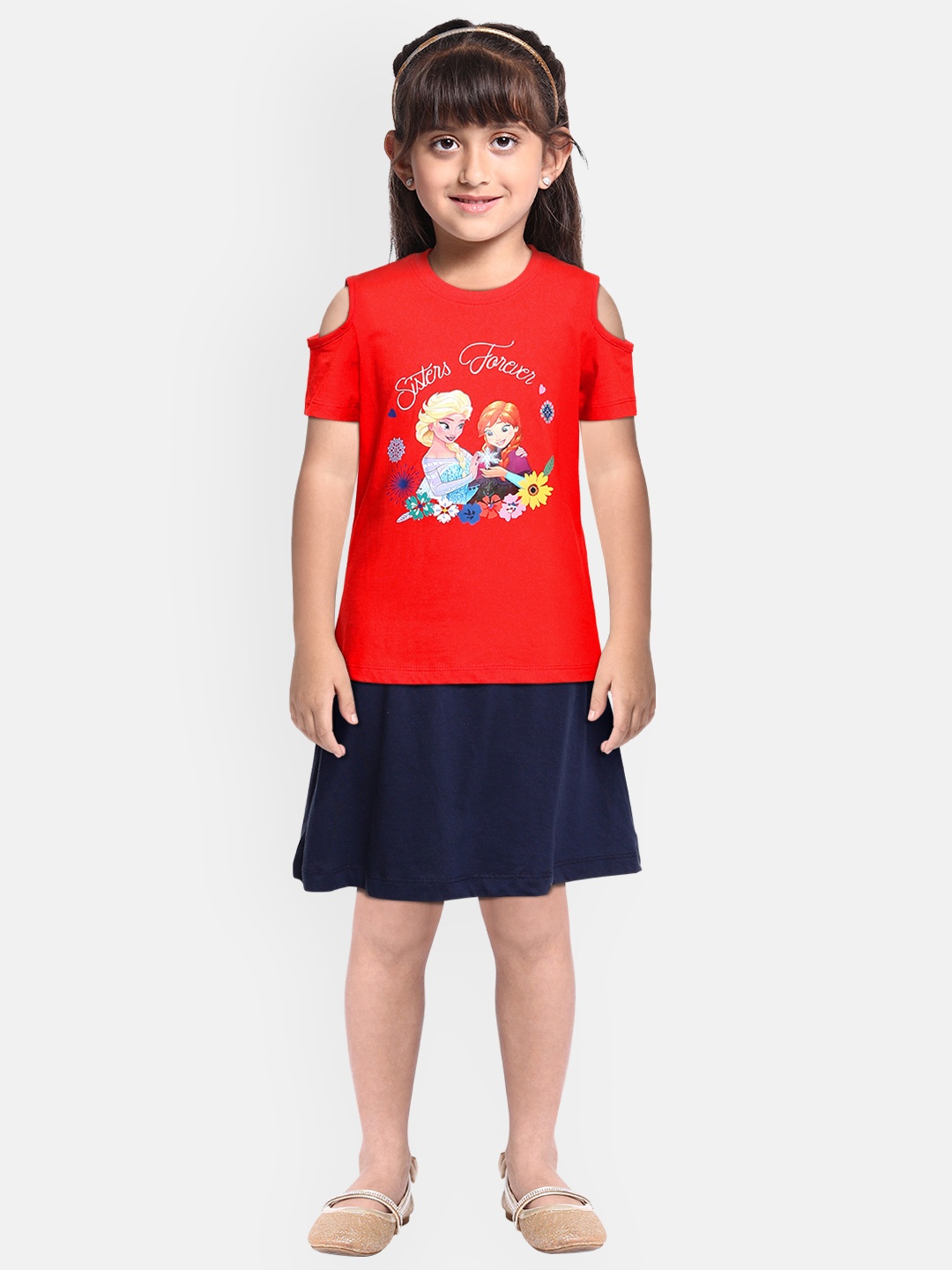 

Disney By Miss and Chief Girls Navy Blue & Red Pure Cotton Printed Top with Skirt