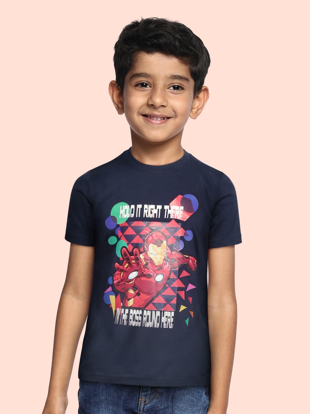 

Disney By Miss and Chief Boys Navy Blue & Red Pure Cotton Iron Man Print T-shirt