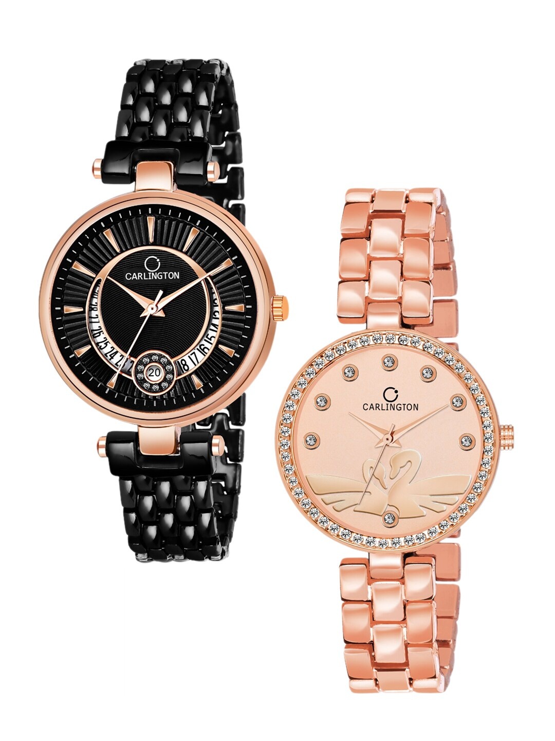 

CARLINGTON Women Set Of 2 Black & Rose Gold Analogue Watches Bella and Duck