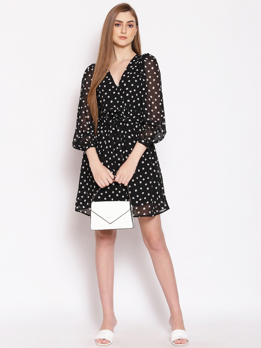 Oxolloxo Retro Vibe Women'S Polka Dots Printed V-Neck Puff Sleeves Fit & Flare Dress, Black