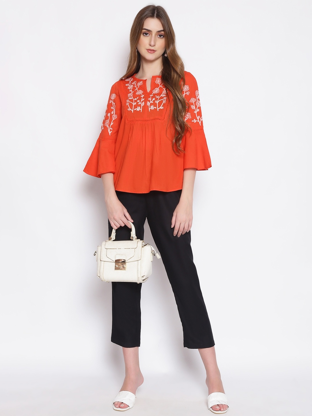 

Oxolloxo Orange Floral Embroidered Bell Sleeve A-Line Top