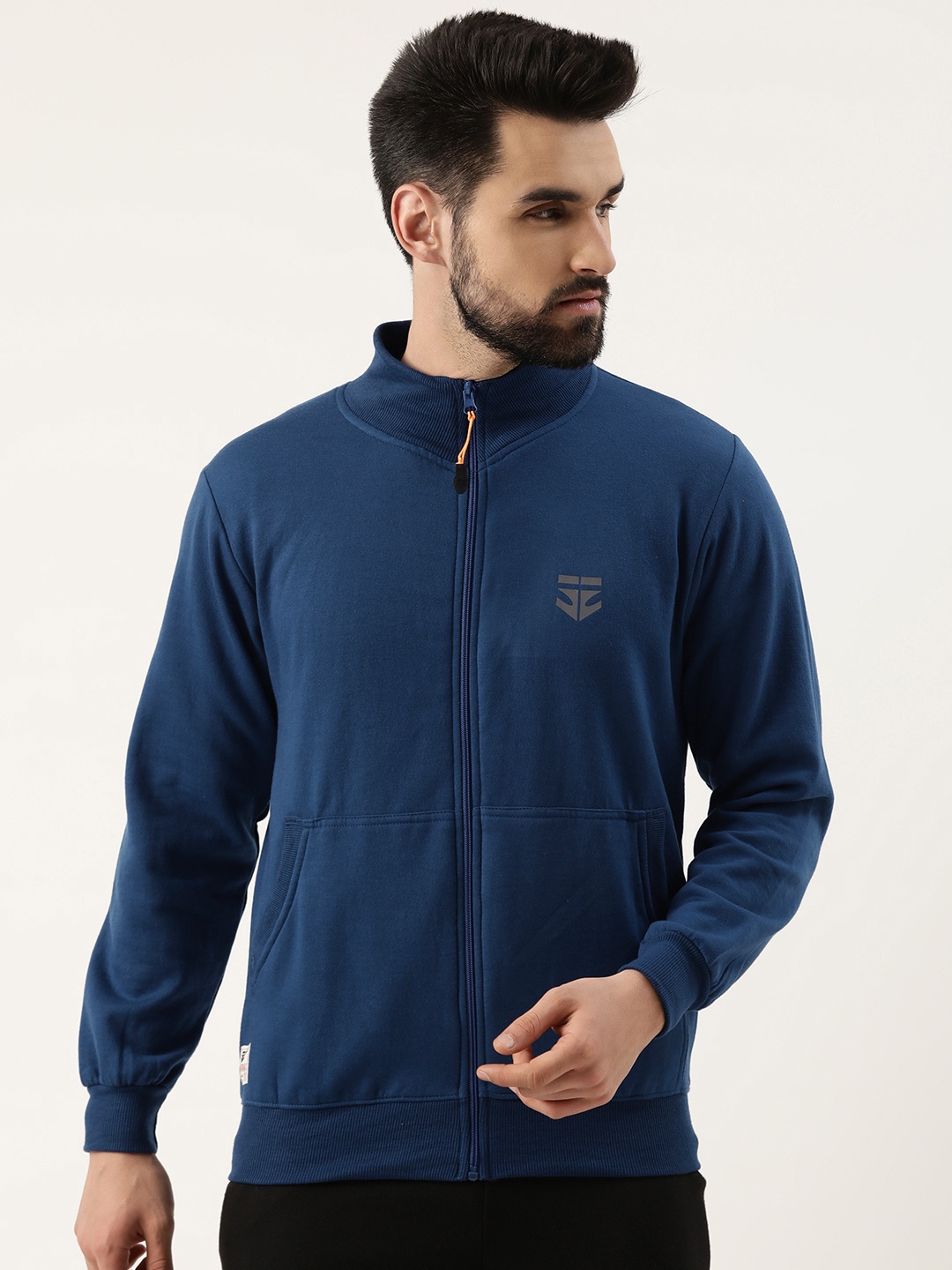 

Sports52 wear Men Blue Solid Knitted Sweatshirt With Minimal Brand Logo Print Detail
