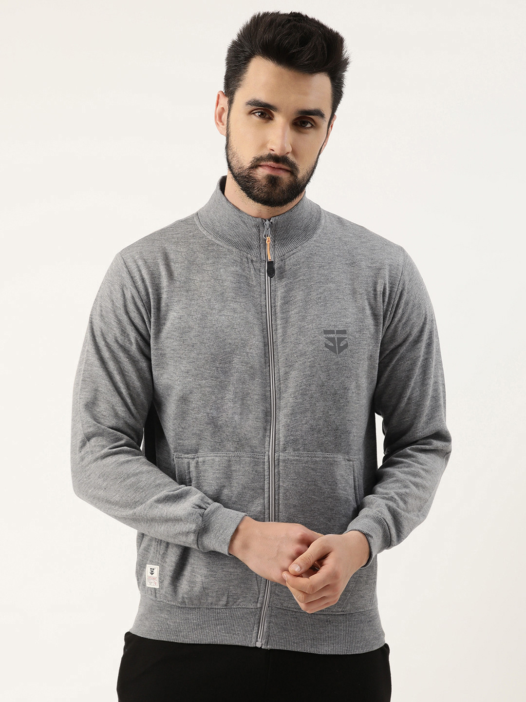 

Sports52 wear Men Grey Melange Solid Knitted Sweatshirt With Brand Logo Print Detail