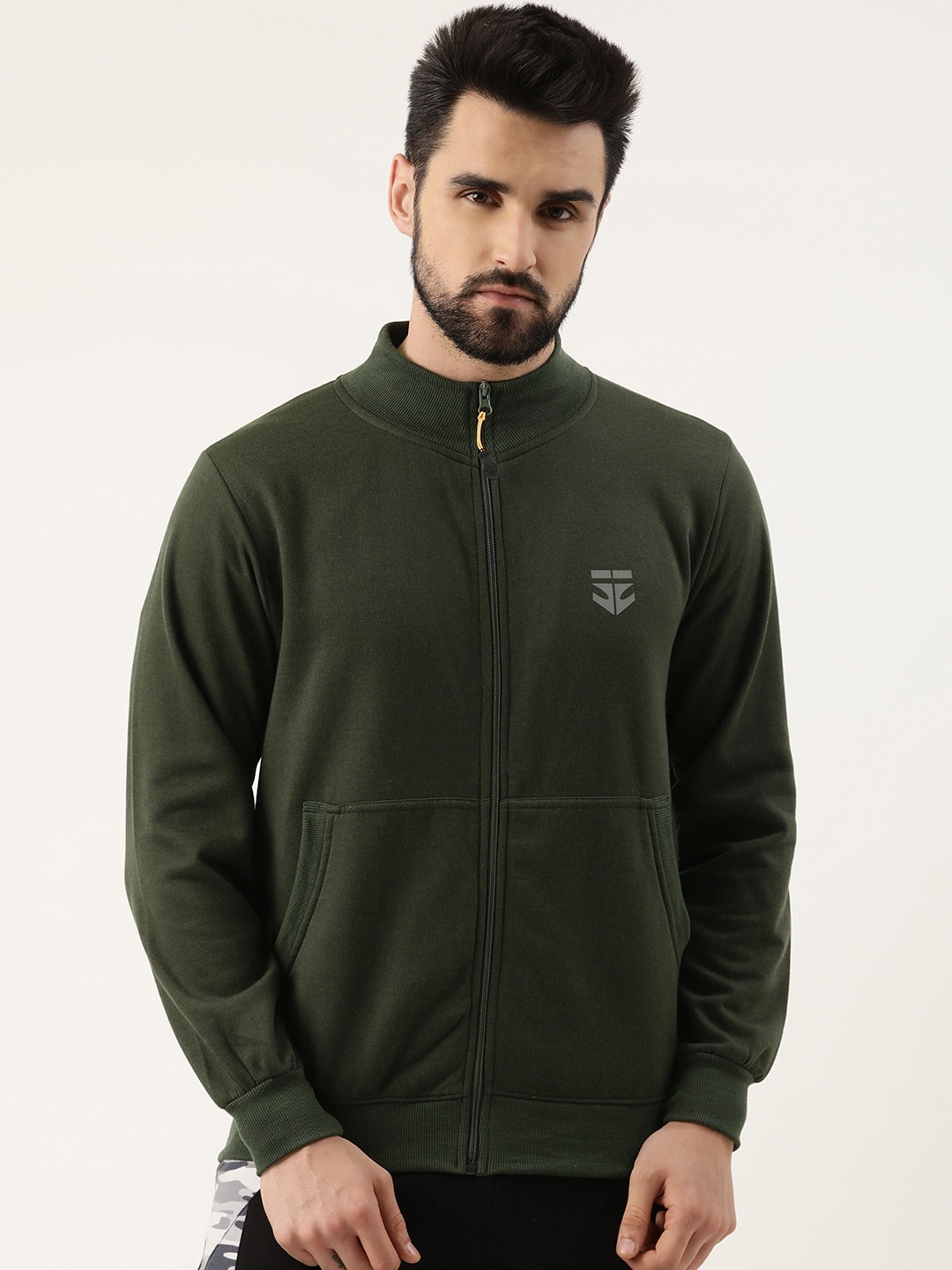 

Sports52 wear Men Green Solid Knitted Sweatshirt With Minimal Brand Logo Print Detail